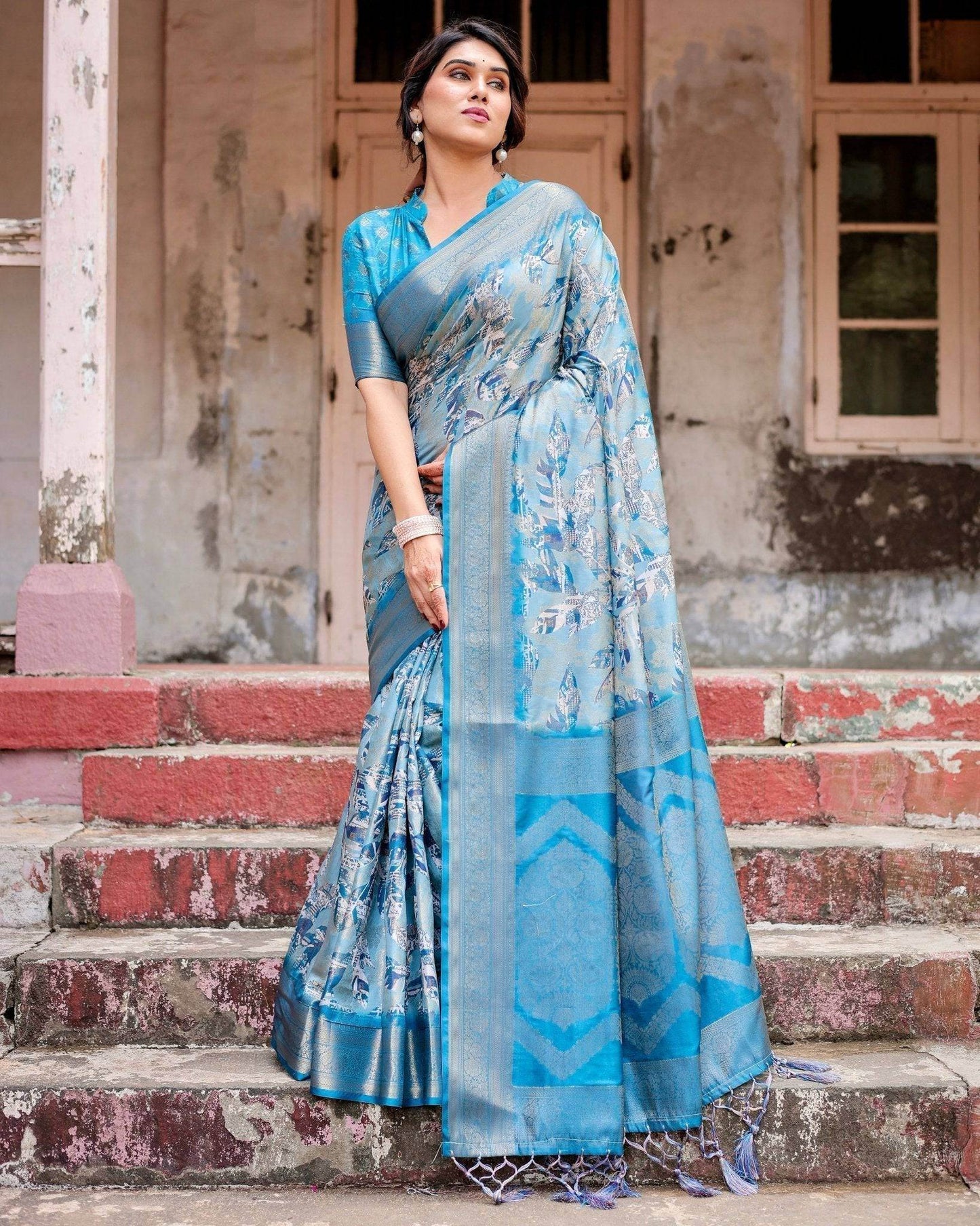 Aqua Blue Banarasi Silk Saree with Zari Border, Floral Motifs, and Tassels - SEEANS