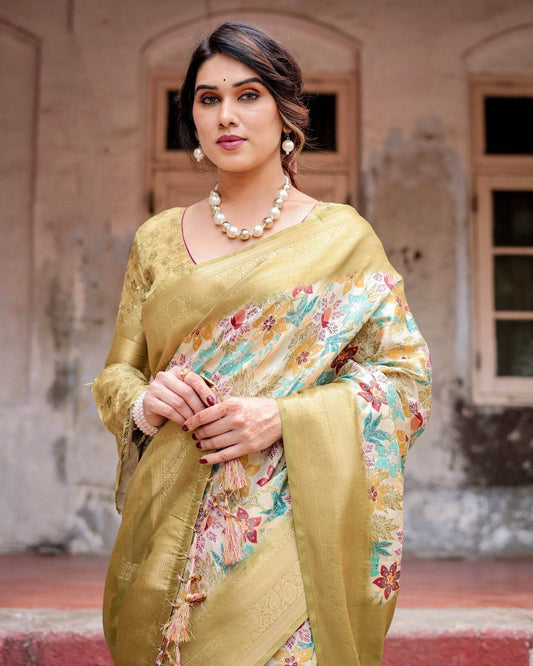 Golden Yellow Banarasi Silk Saree with Multicolor Floral Print and Zari Border - SEEANS