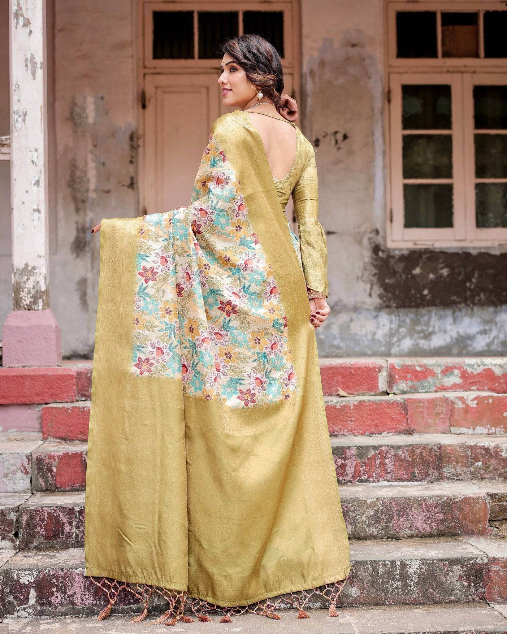 Golden Yellow Banarasi Silk Saree with Multicolor Floral Print and Zari Border - SEEANS