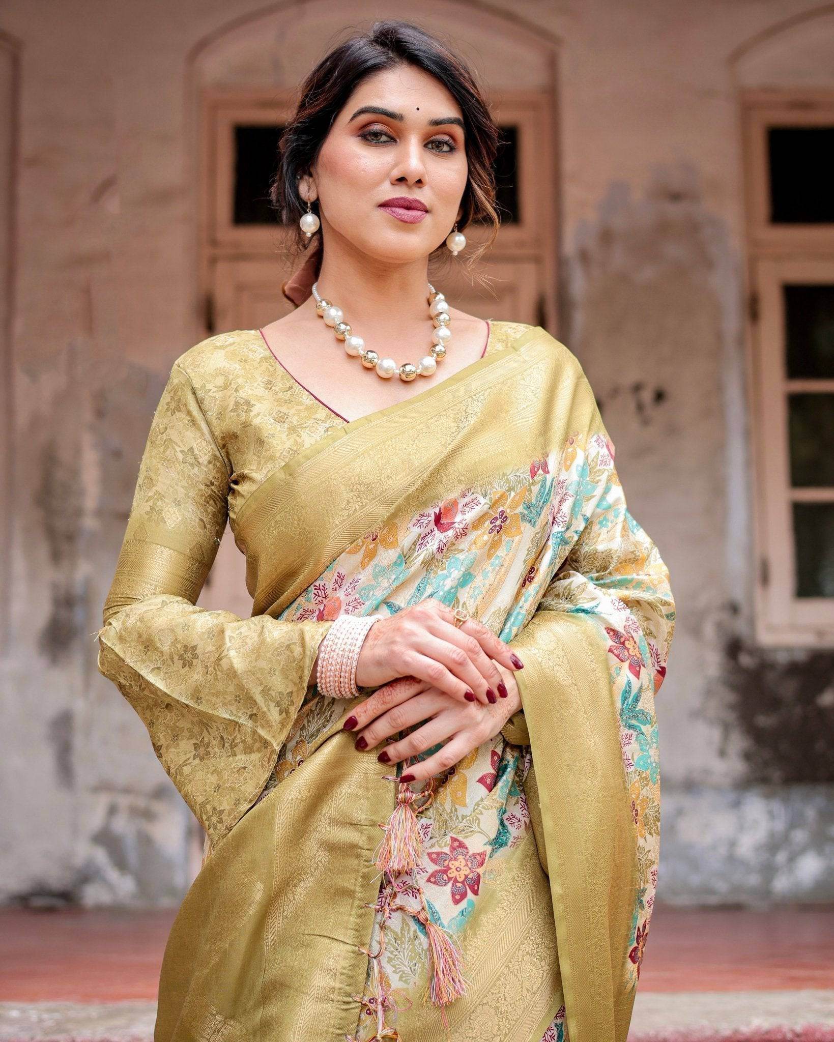 Golden Yellow Banarasi Silk Saree with Multicolor Floral Print and Zari Border - SEEANS