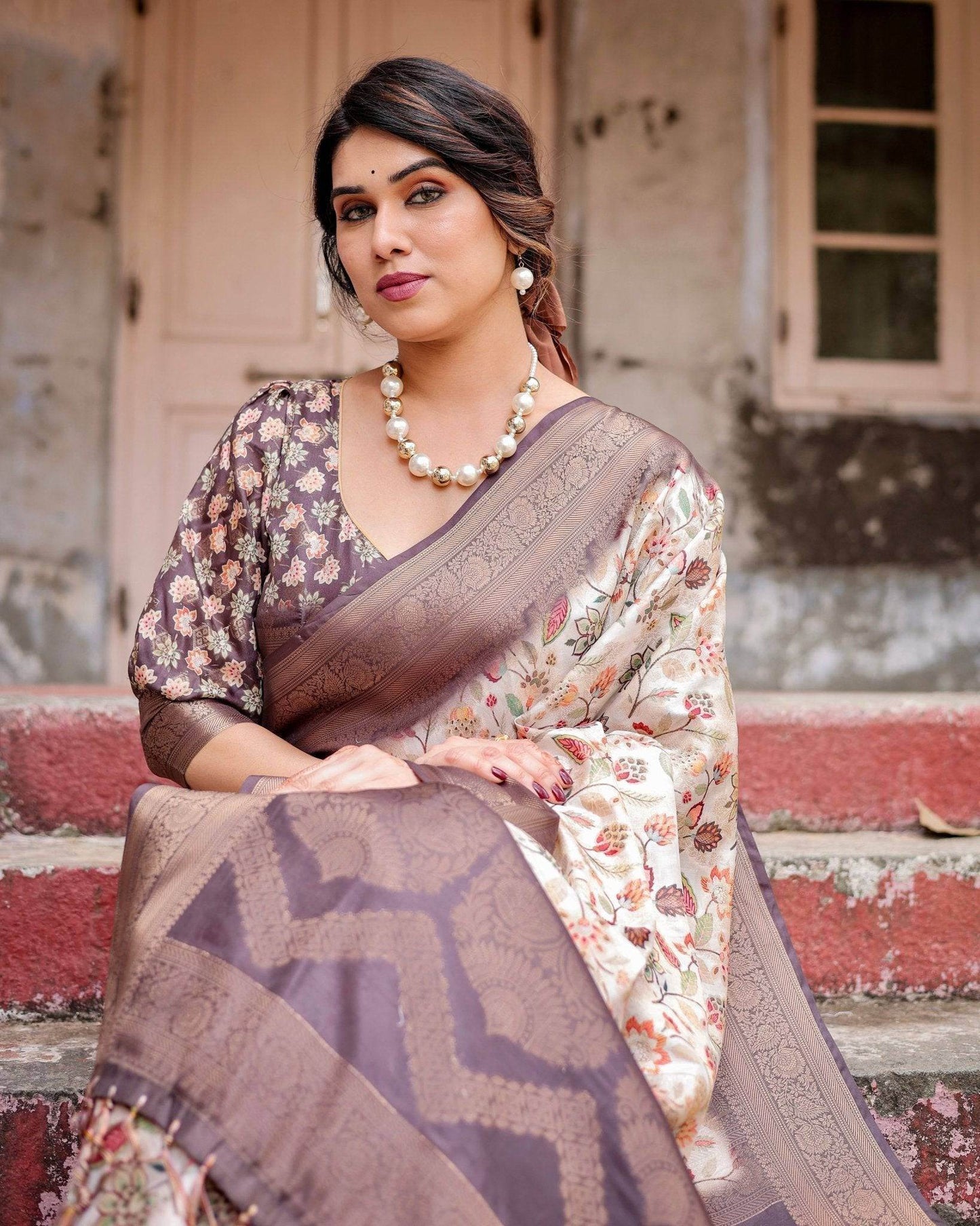 Ivory Banarasi Silk Saree with Plum Zari Border, Floral Print, and Tassels - SEEANS