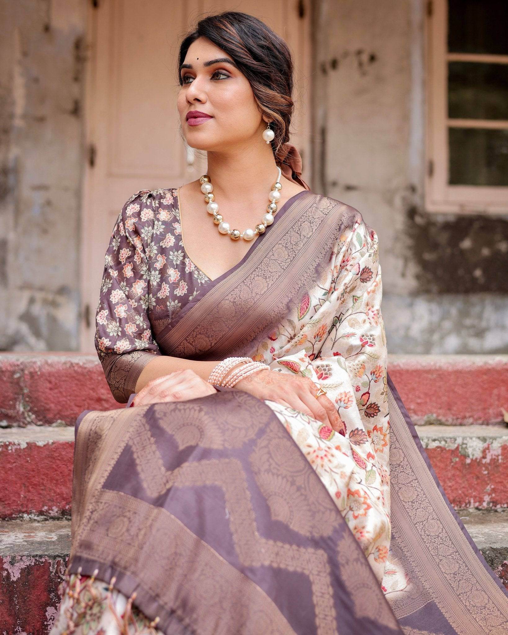 Ivory Banarasi Silk Saree with Plum Zari Border, Floral Print, and Tassels - SEEANS