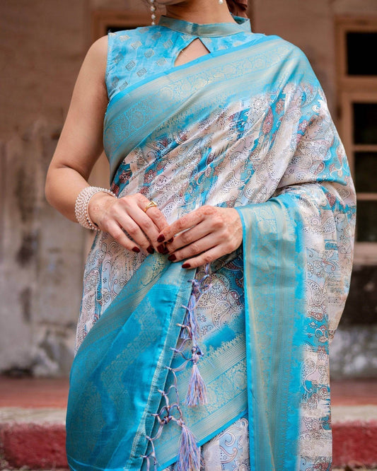Sky Blue Banarasi Silk Saree with Paisley Digital Print, Zari Border & Tassel Details - SEEANS