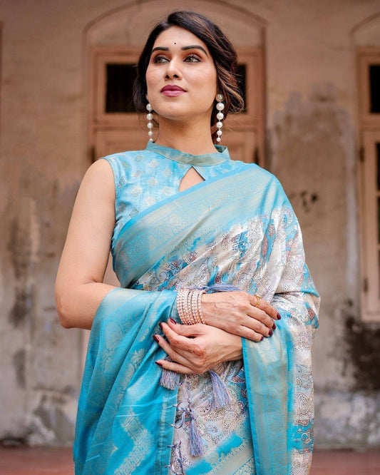 Sky Blue Banarasi Silk Saree with Paisley Digital Print, Zari Border & Tassel Details - SEEANS
