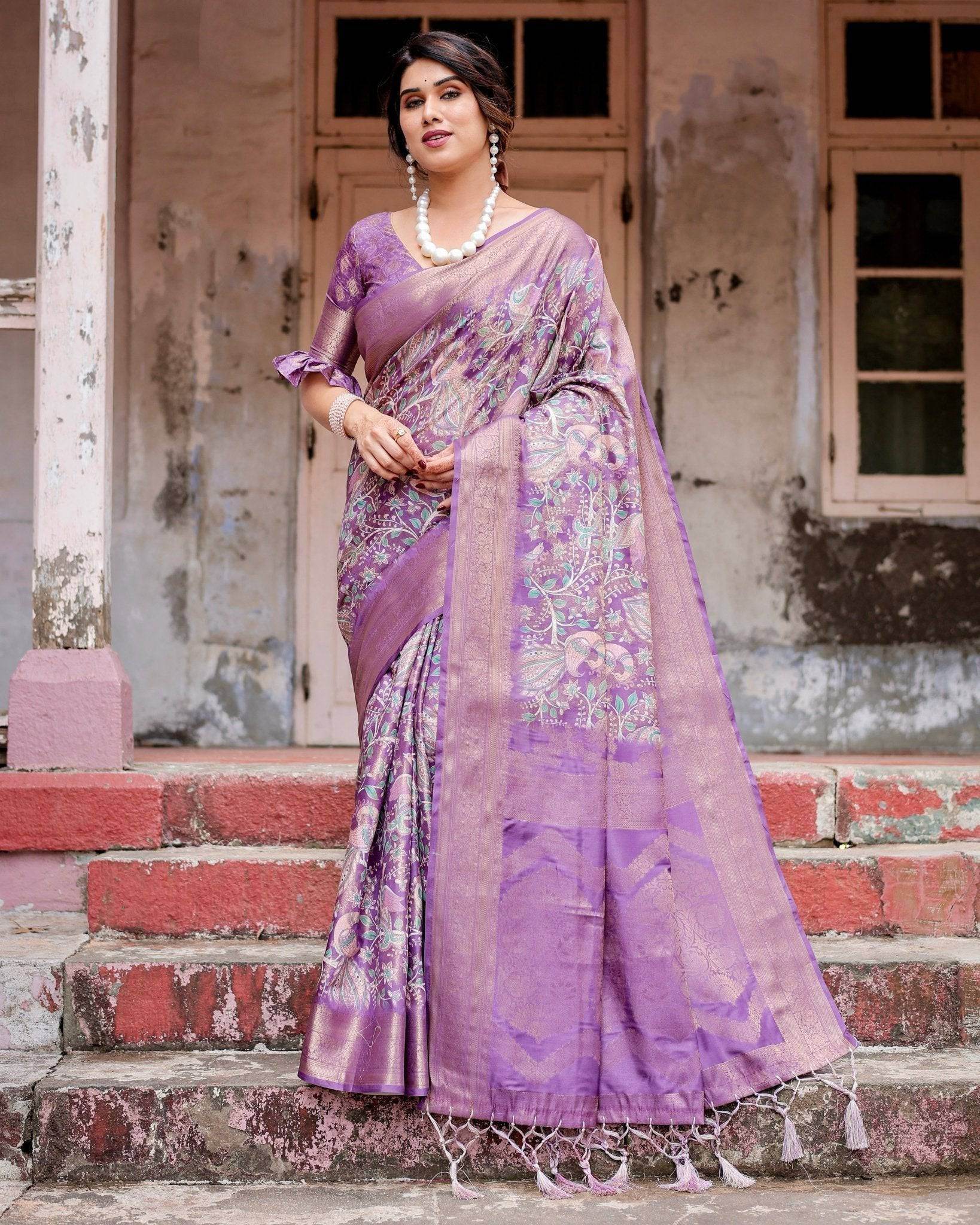 Lavender Banarasi Silk Saree with Intricate Zari Weaving, Tassel Accents, and Designer Floral Pallu - SEEANS