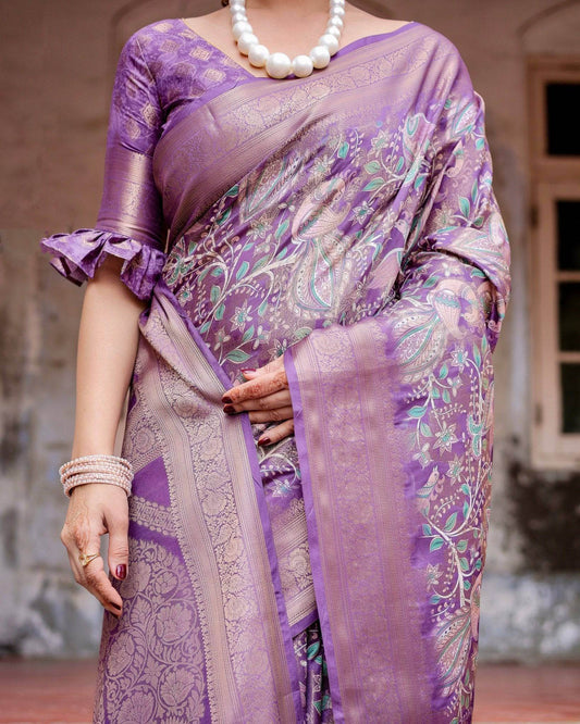 Lavender Banarasi Silk Saree with Intricate Zari Weaving, Tassel Accents, and Designer Floral Pallu - SEEANS