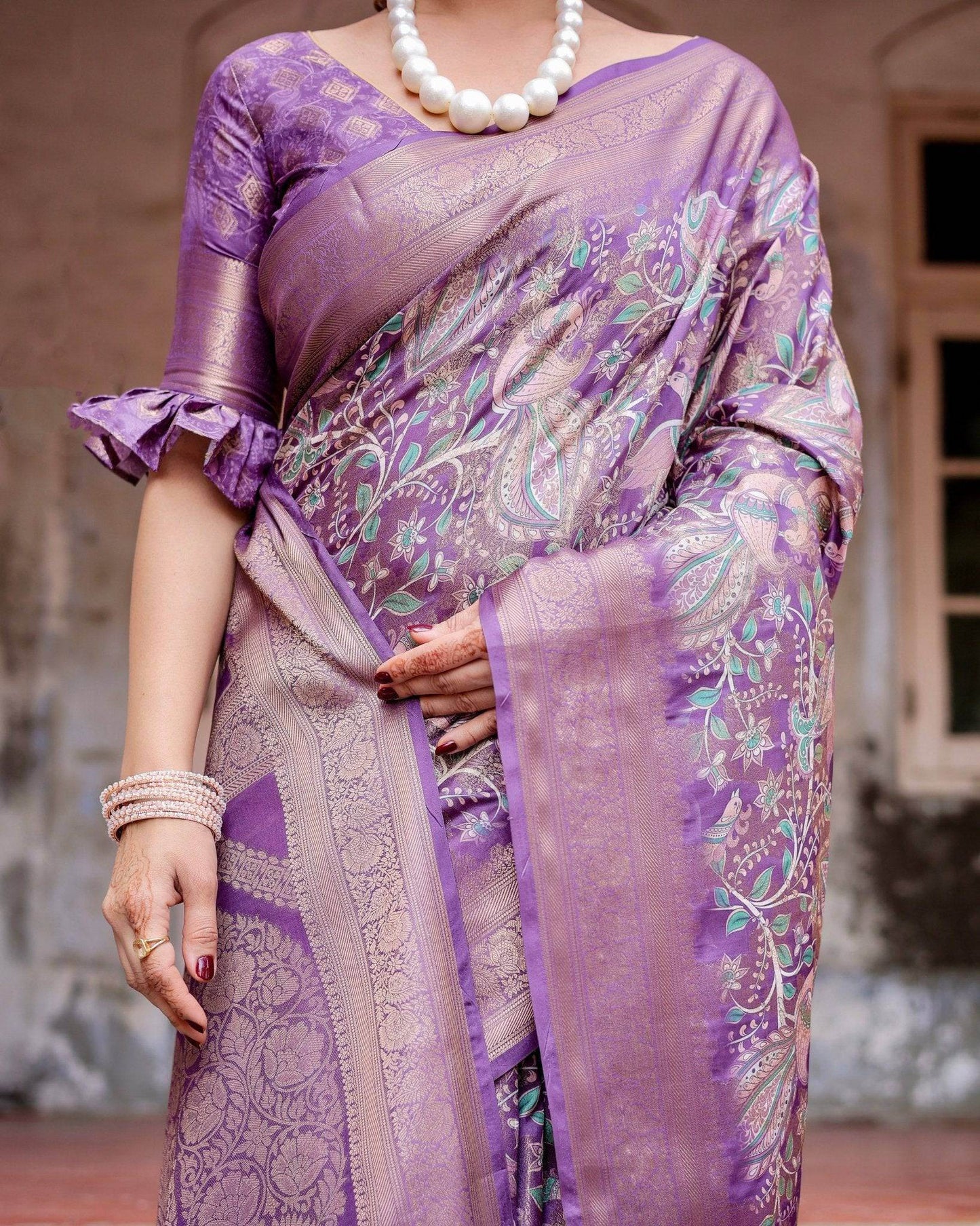 Lavender Banarasi Silk Saree with Intricate Zari Weaving, Tassel Accents, and Designer Floral Pallu - SEEANS