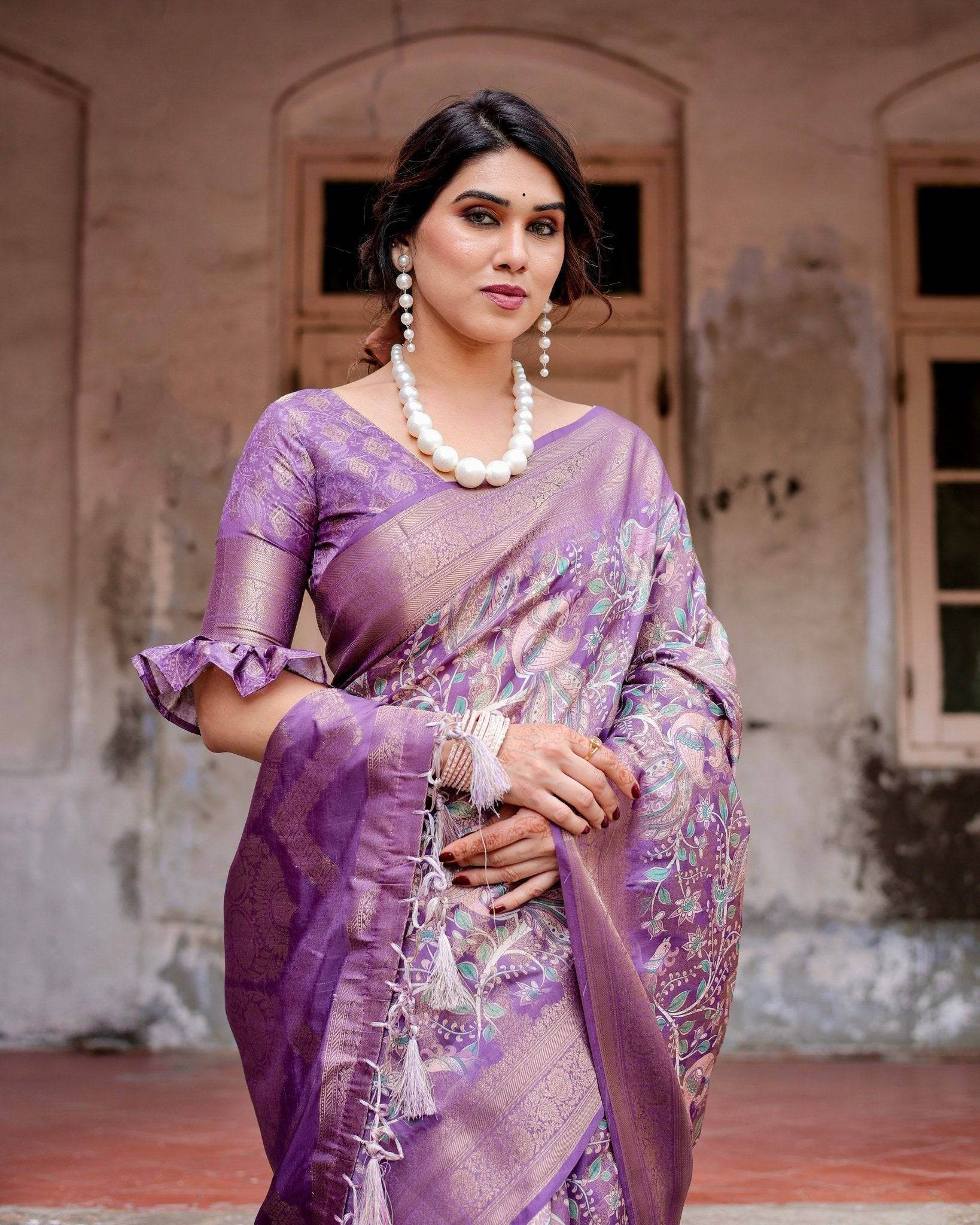 Lavender Banarasi Silk Saree with Intricate Zari Weaving, Tassel Accents, and Designer Floral Pallu - SEEANS