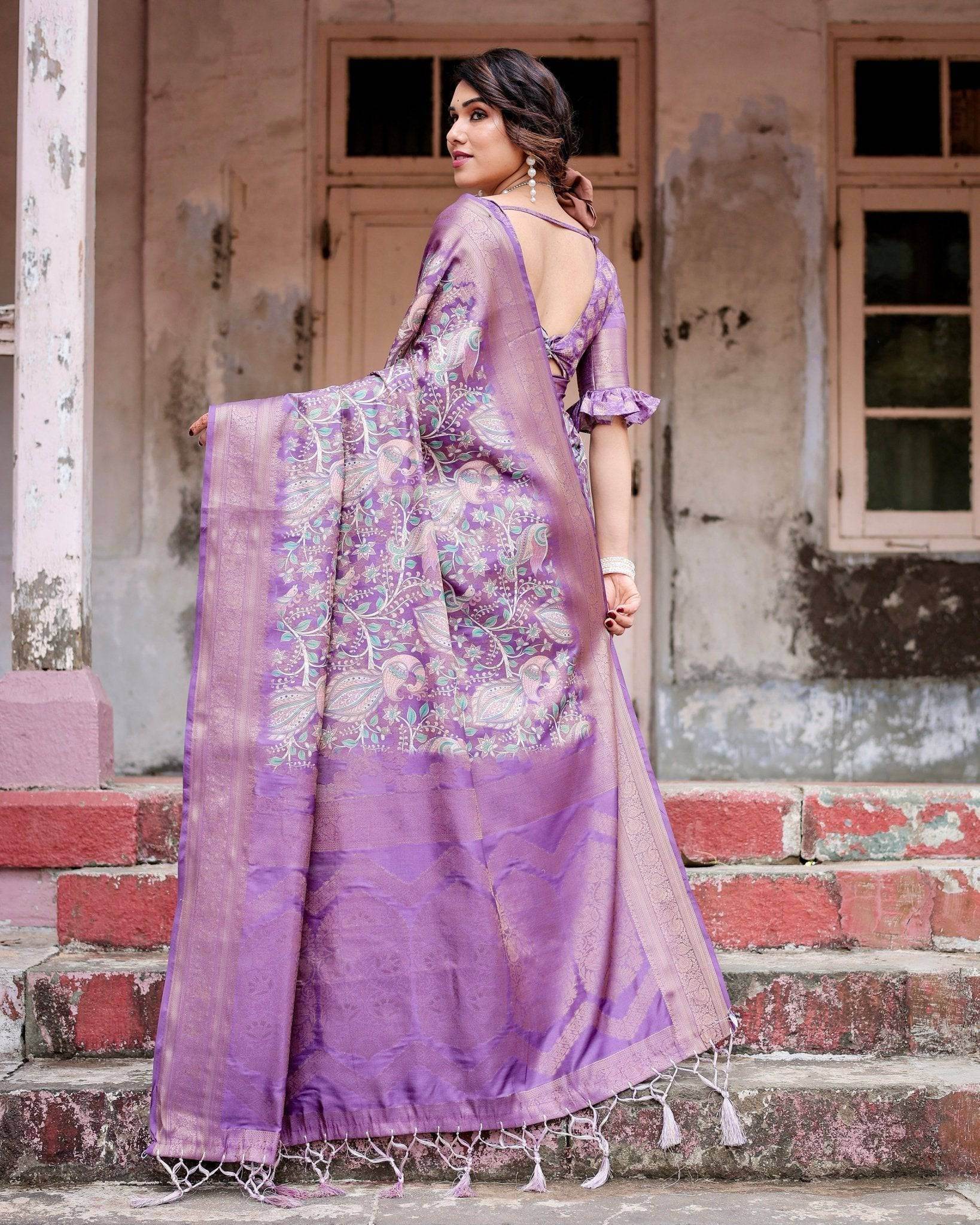 Lavender Banarasi Silk Saree with Intricate Zari Weaving, Tassel Accents, and Designer Floral Pallu - SEEANS