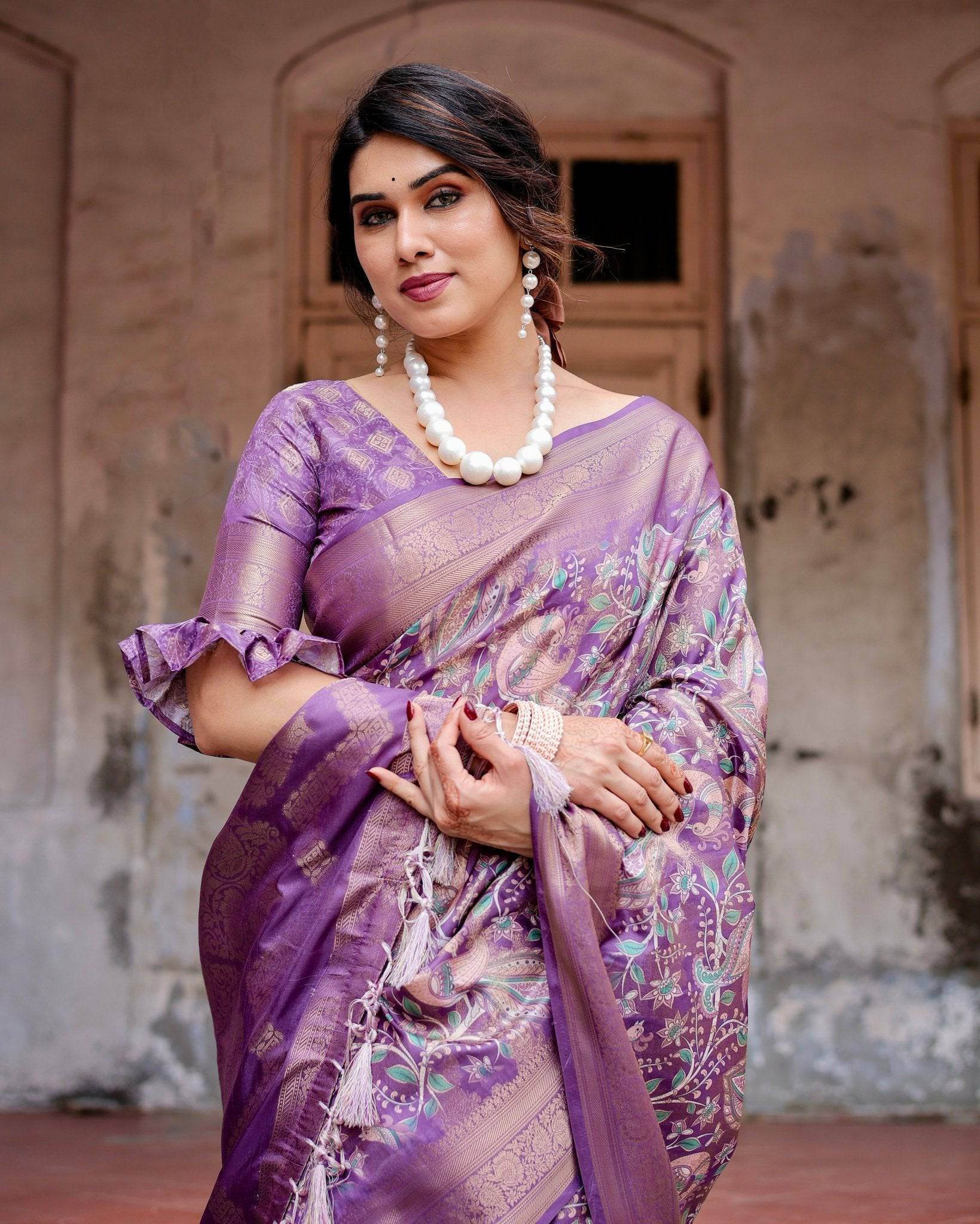 Lavender Banarasi Silk Saree with Intricate Zari Weaving, Tassel Accents, and Designer Floral Pallu - SEEANS
