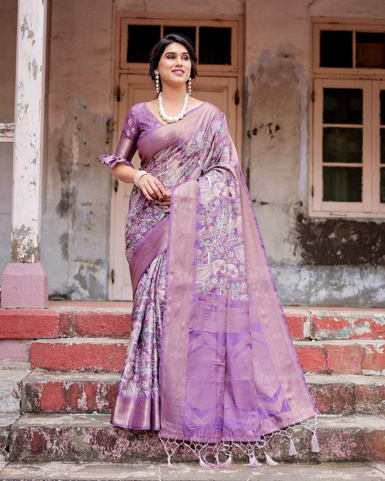 Lavender Banarasi Silk Saree with Intricate Zari Weaving, Tassel Accents, and Designer Floral Pallu - SEEANS