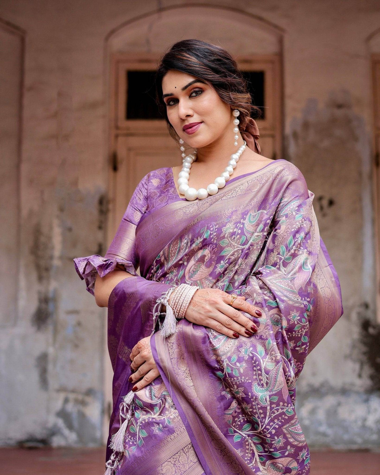 Lavender Banarasi Silk Saree with Intricate Zari Weaving, Tassel Accents, and Designer Floral Pallu - SEEANS
