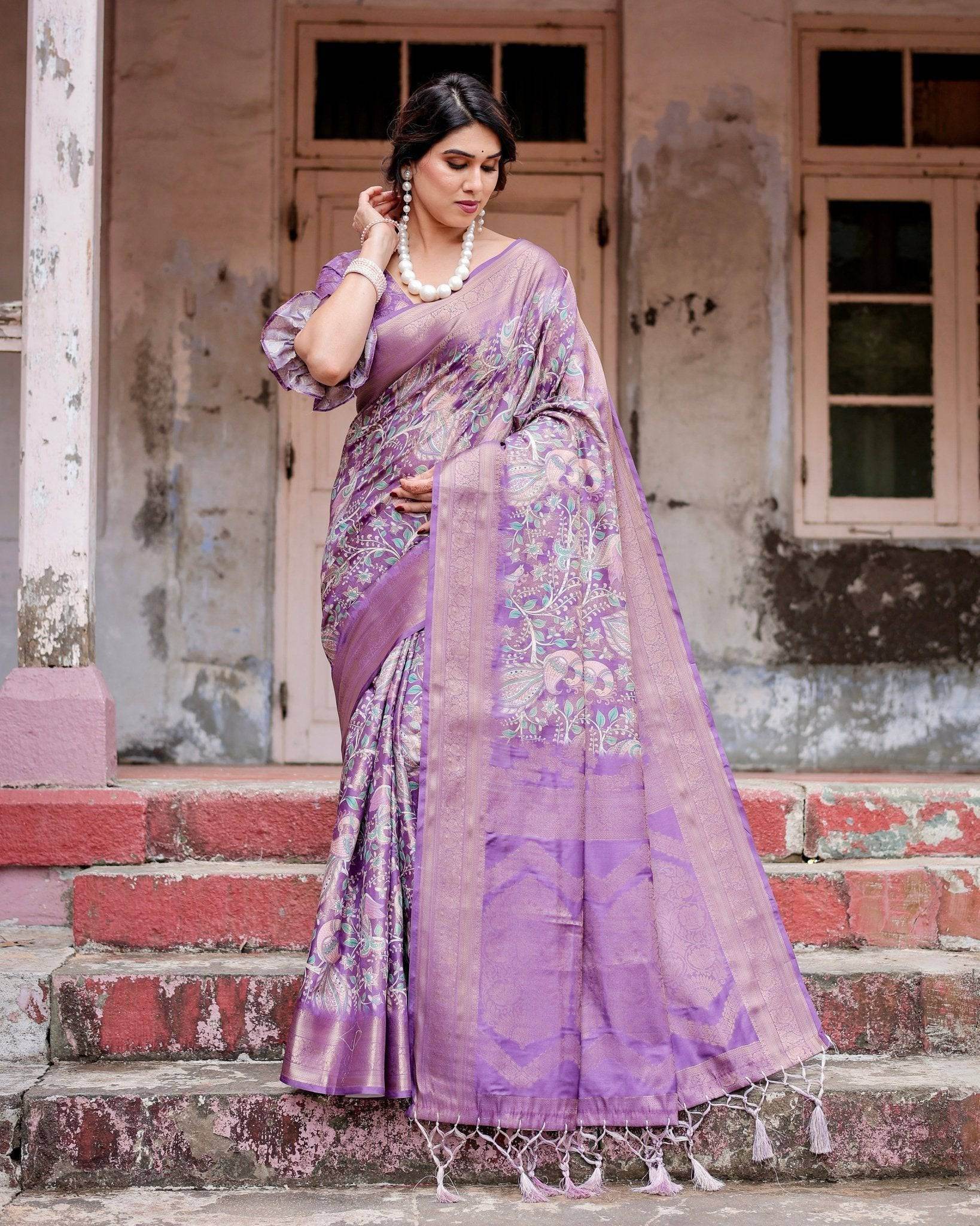 Lavender Banarasi Silk Saree with Intricate Zari Weaving, Tassel Accents, and Designer Floral Pallu - SEEANS