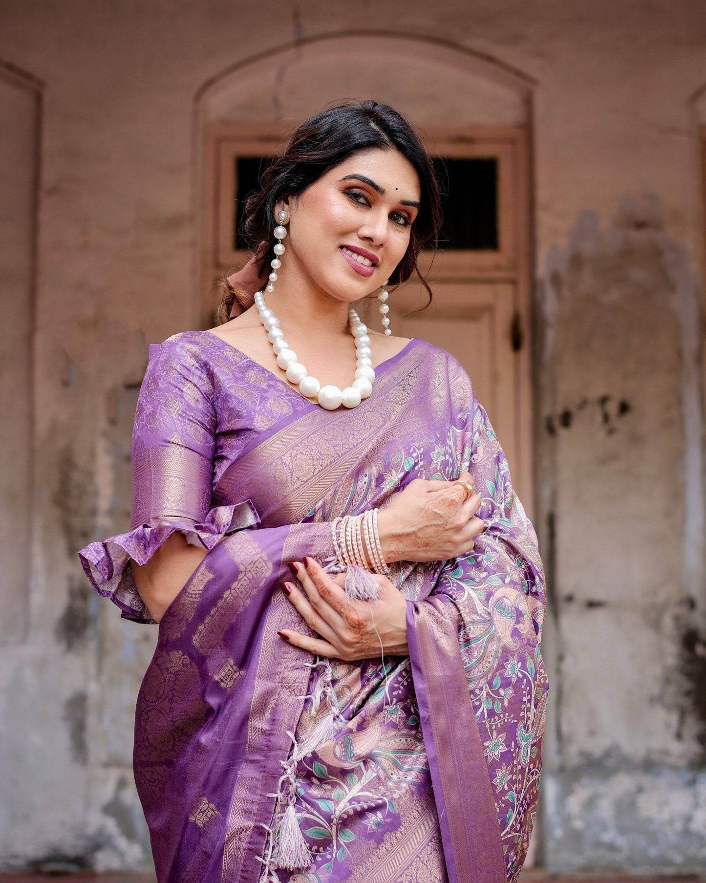 Lavender Banarasi Silk Saree with Intricate Zari Weaving, Tassel Accents, and Designer Floral Pallu - SEEANS
