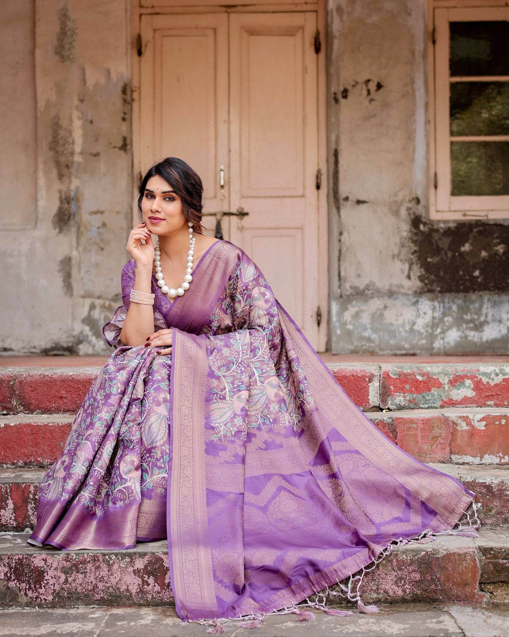 Lavender Banarasi Silk Saree with Intricate Zari Weaving, Tassel Accents, and Designer Floral Pallu - SEEANS