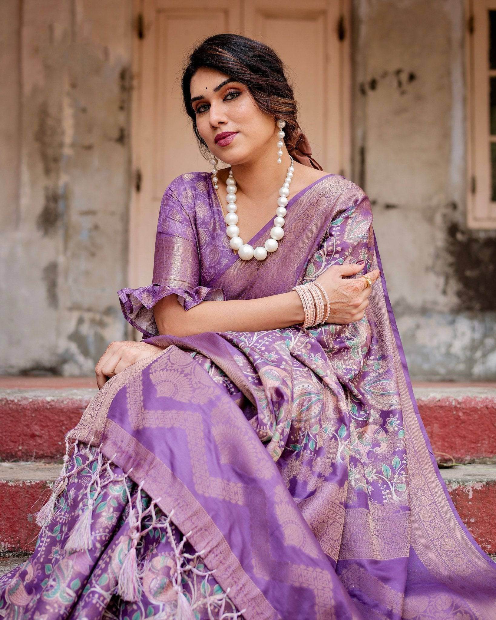 Lavender Banarasi Silk Saree with Intricate Zari Weaving, Tassel Accents, and Designer Floral Pallu - SEEANS