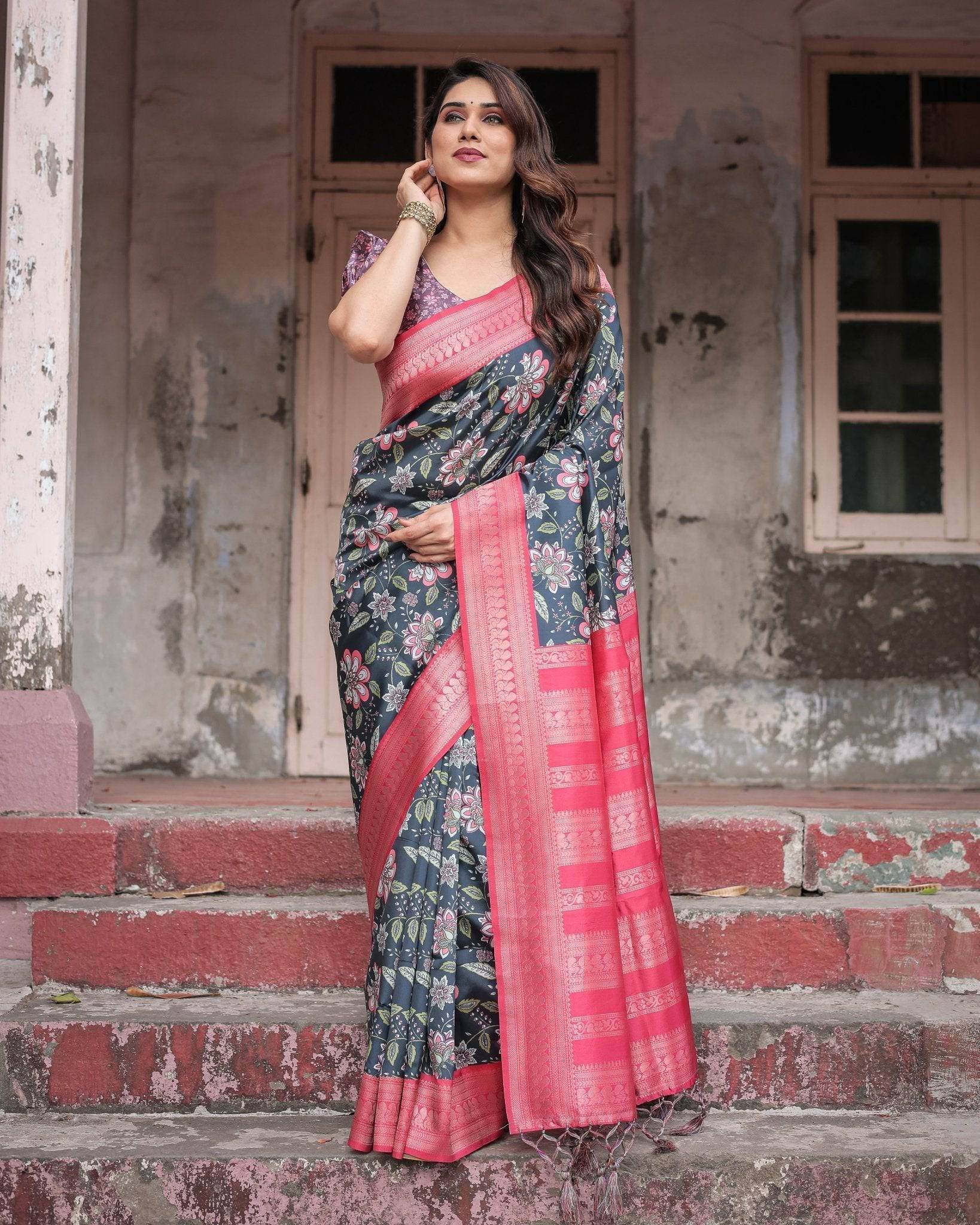 Floral Navy Banarasi Silk Saree with Bright Pink Zari Border and Tassels - SEEANS