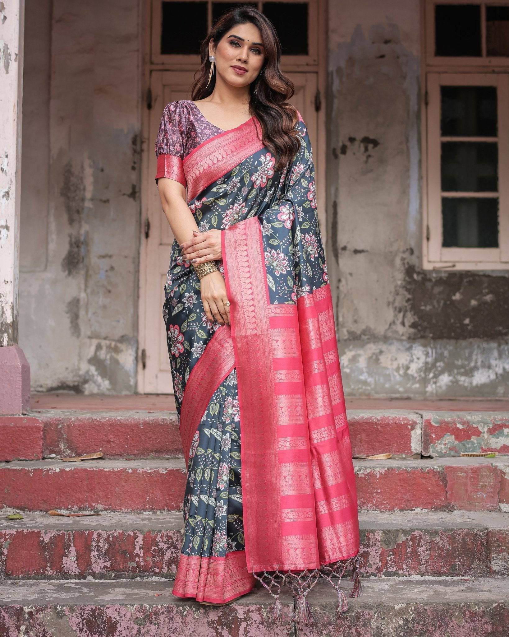 Floral Navy Banarasi Silk Saree with Bright Pink Zari Border and Tassels - SEEANS