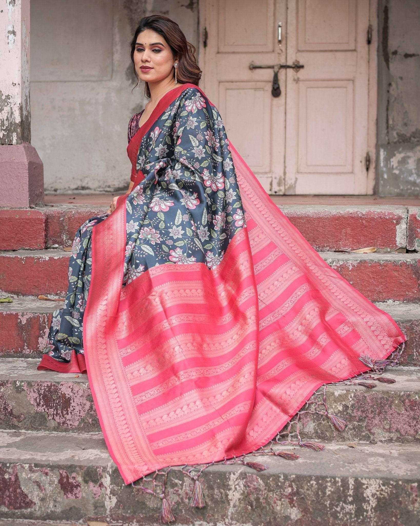 Floral Navy Banarasi Silk Saree with Bright Pink Zari Border and Tassels - SEEANS