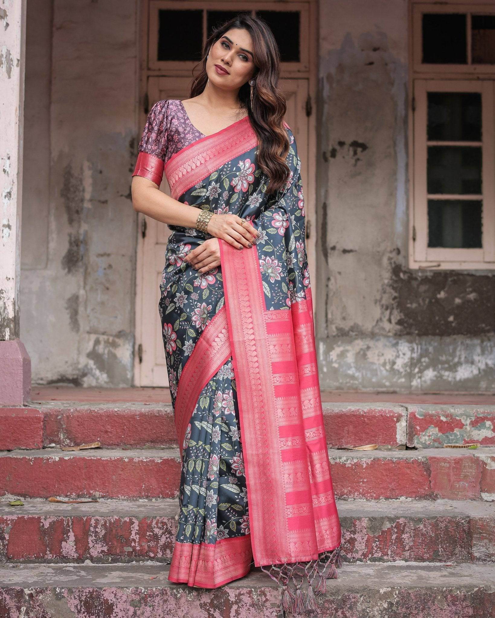 Floral Navy Banarasi Silk Saree with Bright Pink Zari Border and Tassels - SEEANS