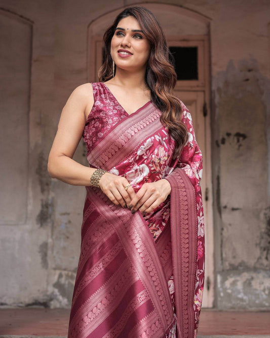 Maroon Banarasi Silk Saree with Bold Floral Digital Print & Rich Zari Border - SEEANS