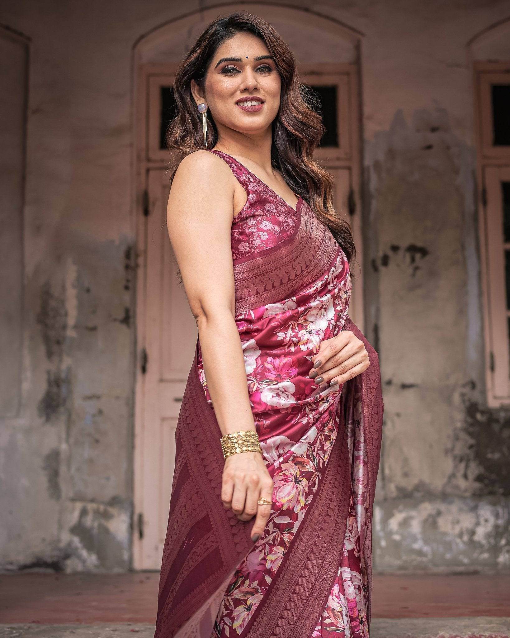 Maroon Banarasi Silk Saree with Bold Floral Digital Print & Rich Zari Border - SEEANS