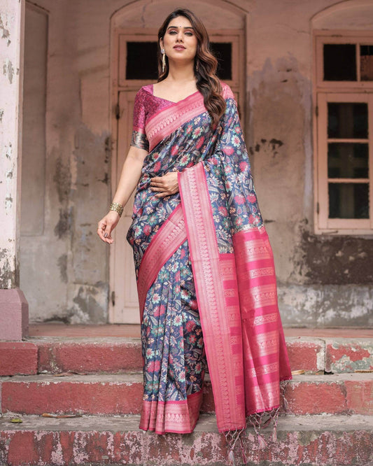 Stunning Navy Banarasi Silk Saree with Vibrant Floral Prints and Pink Zari Border - SEEANS