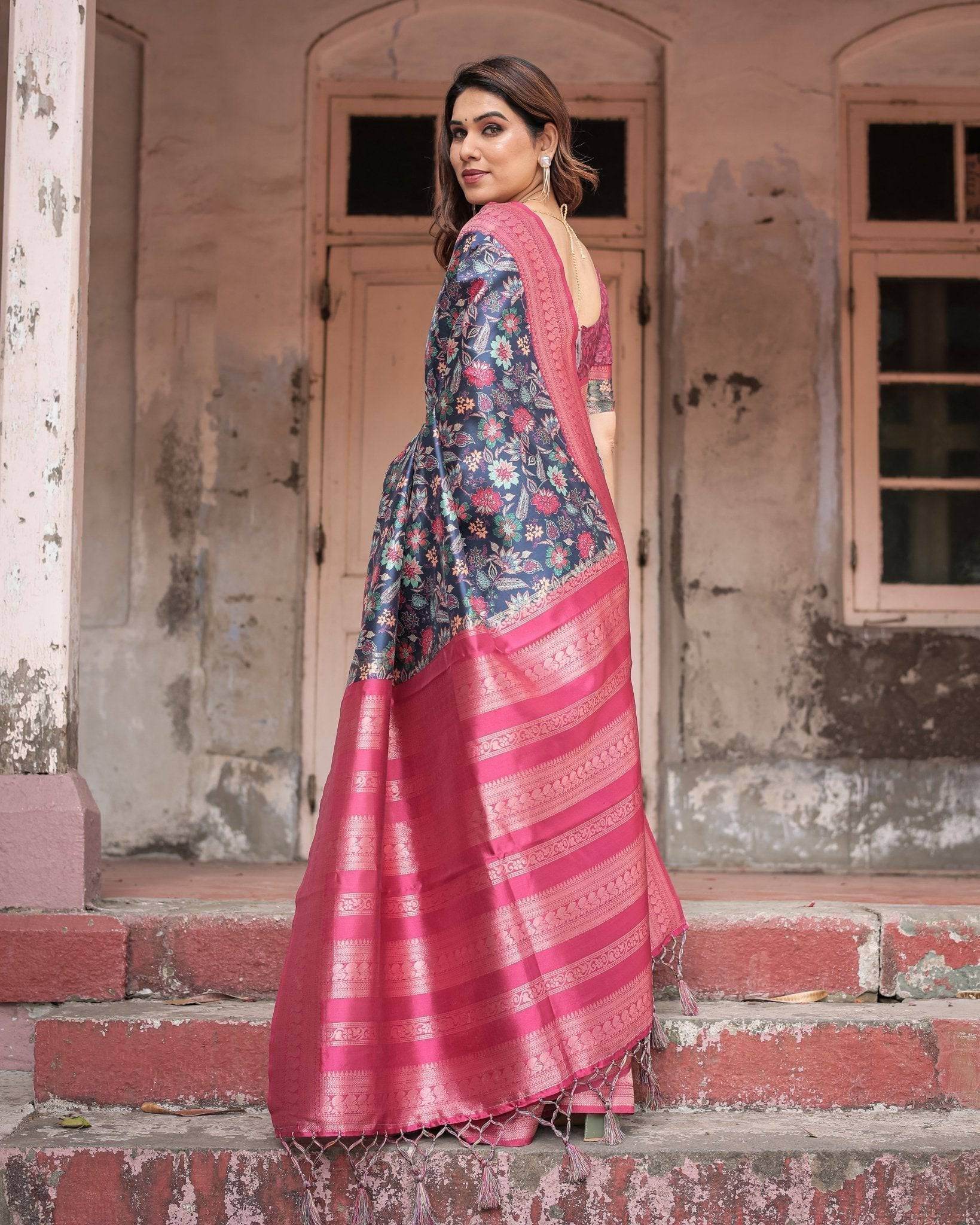 Stunning Navy Banarasi Silk Saree with Vibrant Floral Prints and Pink Zari Border - SEEANS