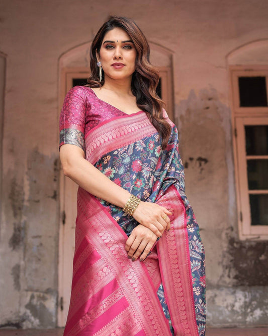 Stunning Navy Banarasi Silk Saree with Vibrant Floral Prints and Pink Zari Border - SEEANS