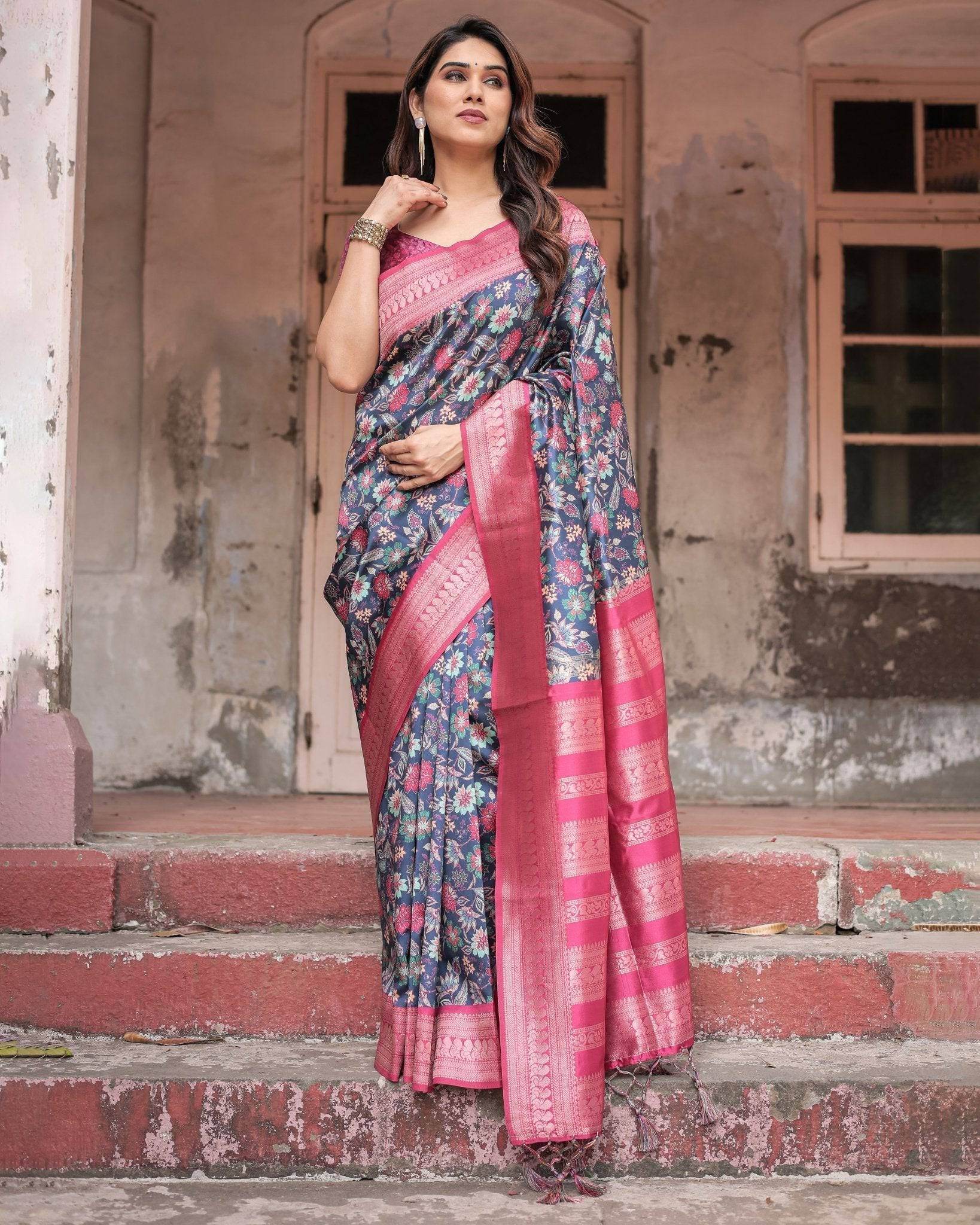 Stunning Navy Banarasi Silk Saree with Vibrant Floral Prints and Pink Zari Border - SEEANS