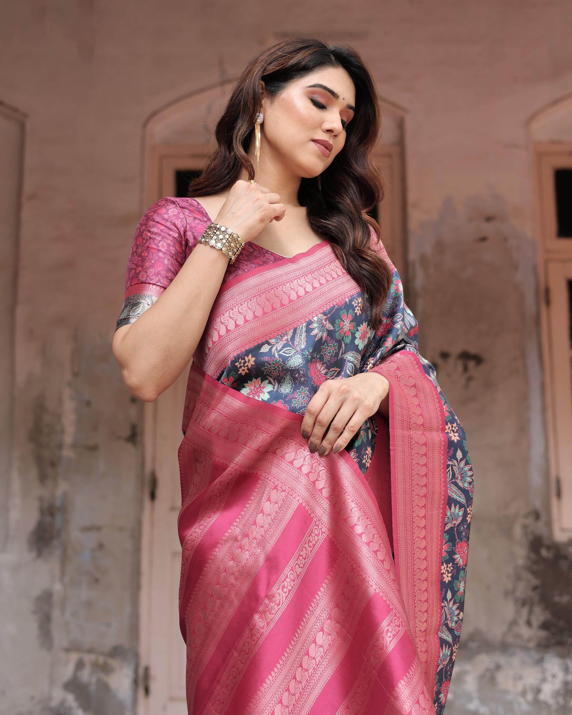 Stunning Navy Banarasi Silk Saree with Vibrant Floral Prints and Pink Zari Border - SEEANS