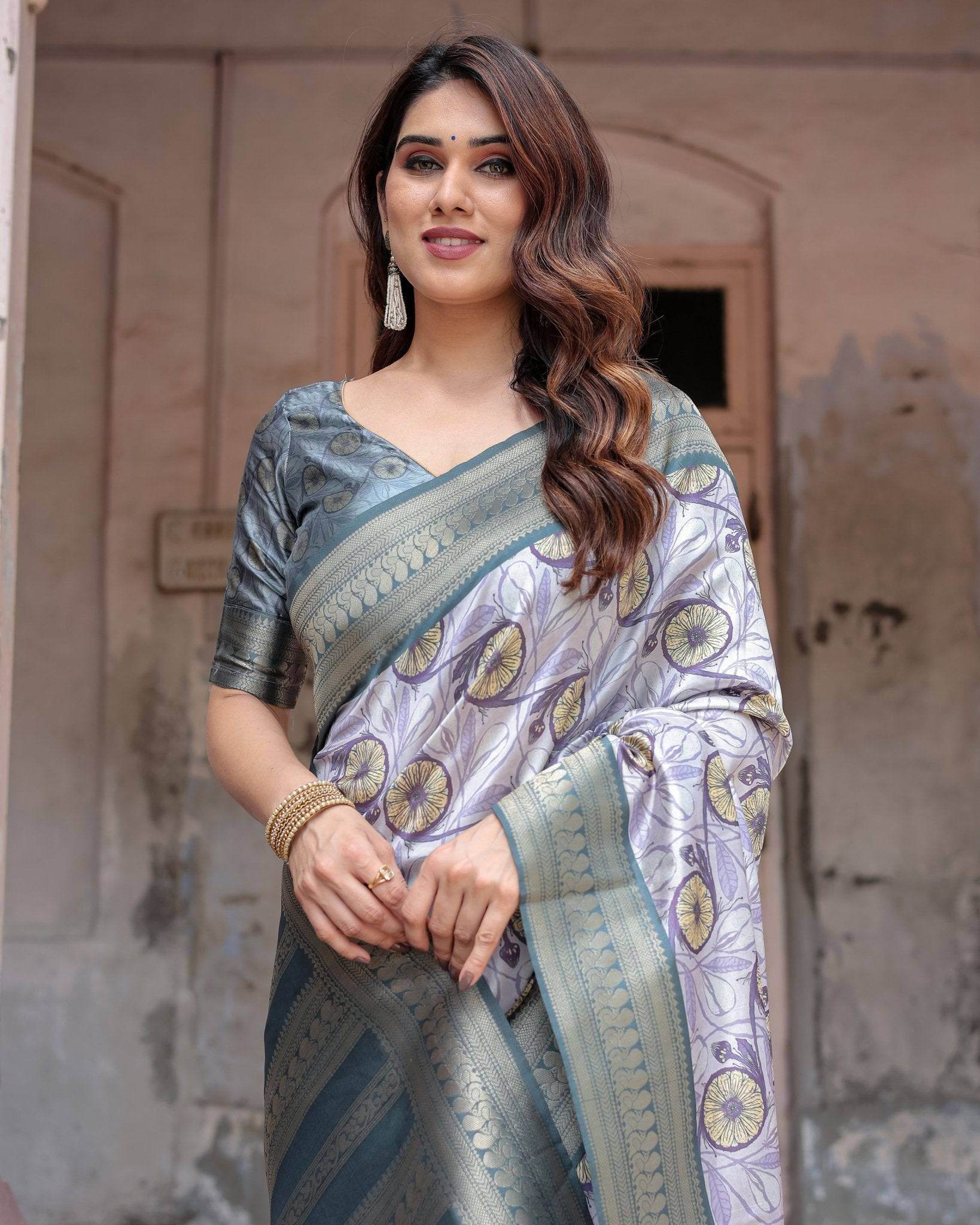 Sophisticated Lilac Banarasi Silk Saree with Floral Prints and Zari Tassel Border - SEEANS