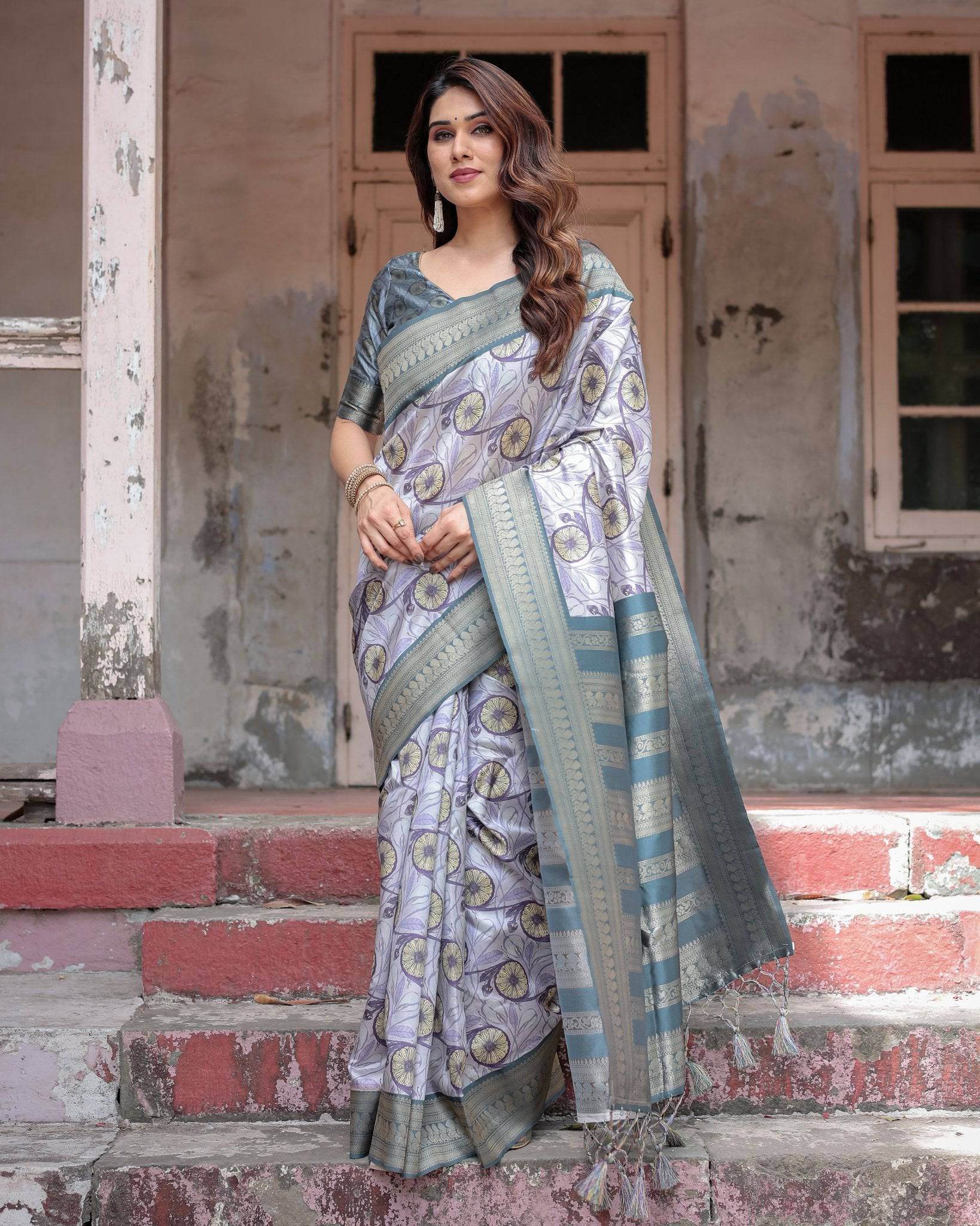Sophisticated Lilac Banarasi Silk Saree with Floral Prints and Zari Tassel Border - SEEANS