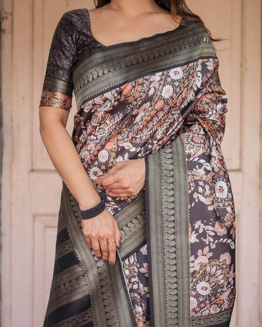 Elegant Black and Peach Banarasi Silk Saree with Zari Border and Tassels - SEEANS