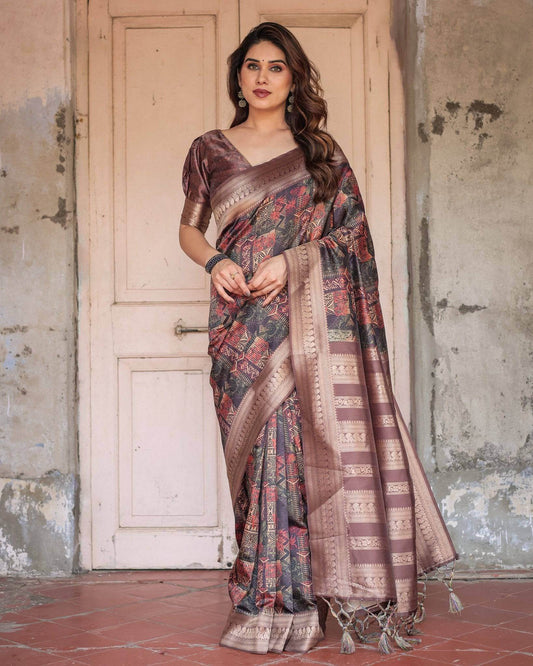 Rich Chocolate Banarasi Silk Saree with Geometric Print and Zari Border - SEEANS