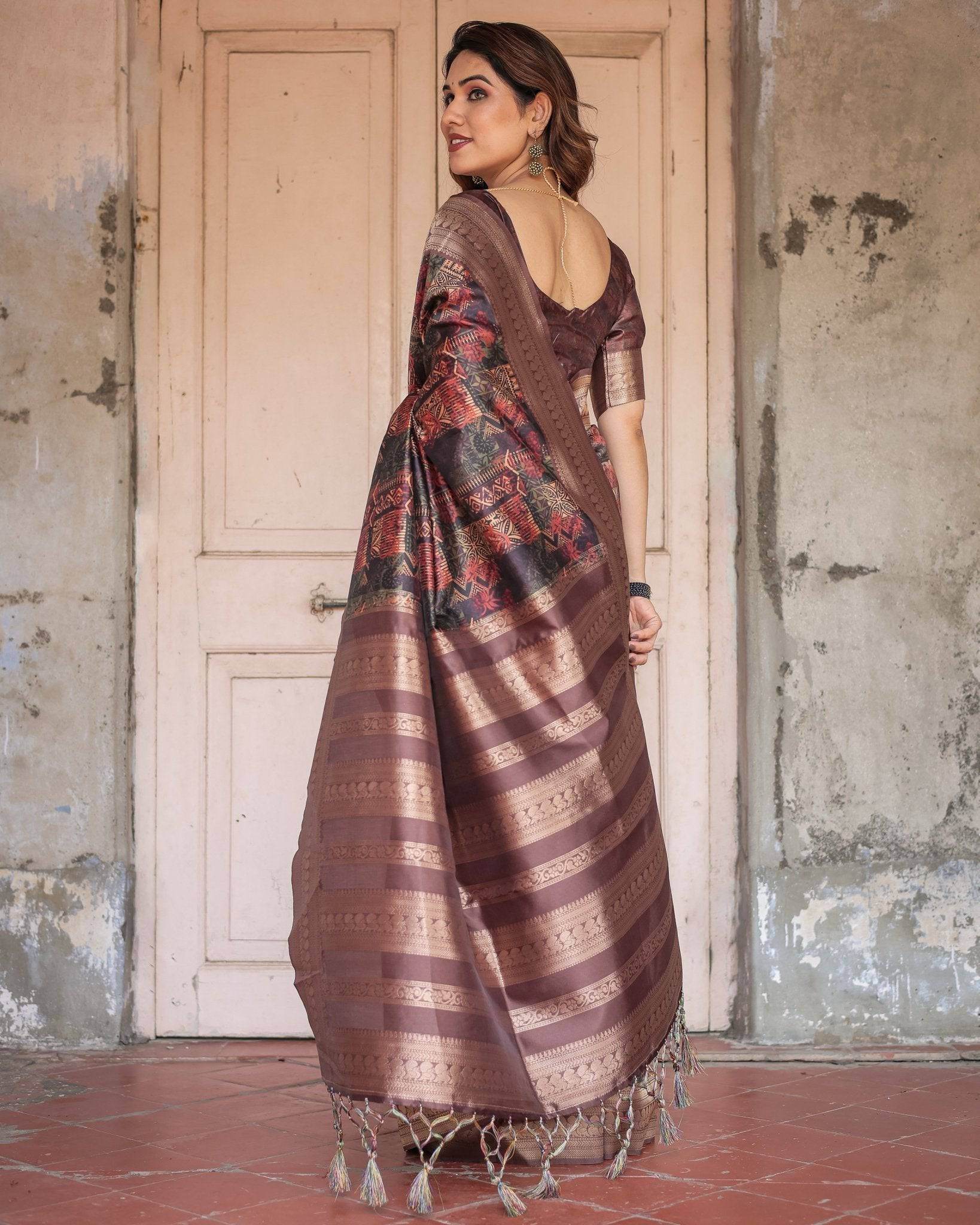 Rich Chocolate Banarasi Silk Saree with Geometric Print and Zari Border - SEEANS