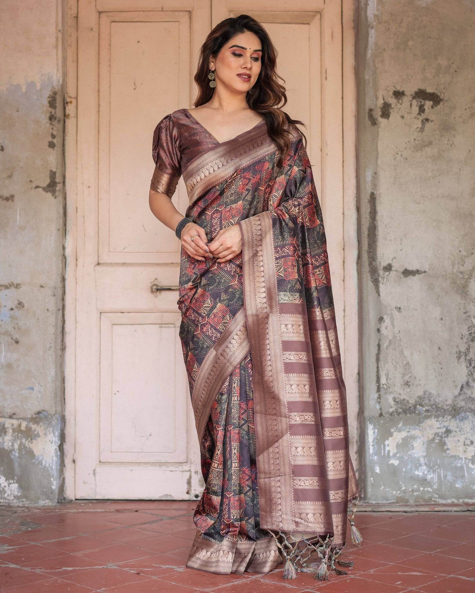 Rich Chocolate Banarasi Silk Saree with Geometric Print and Zari Border - SEEANS