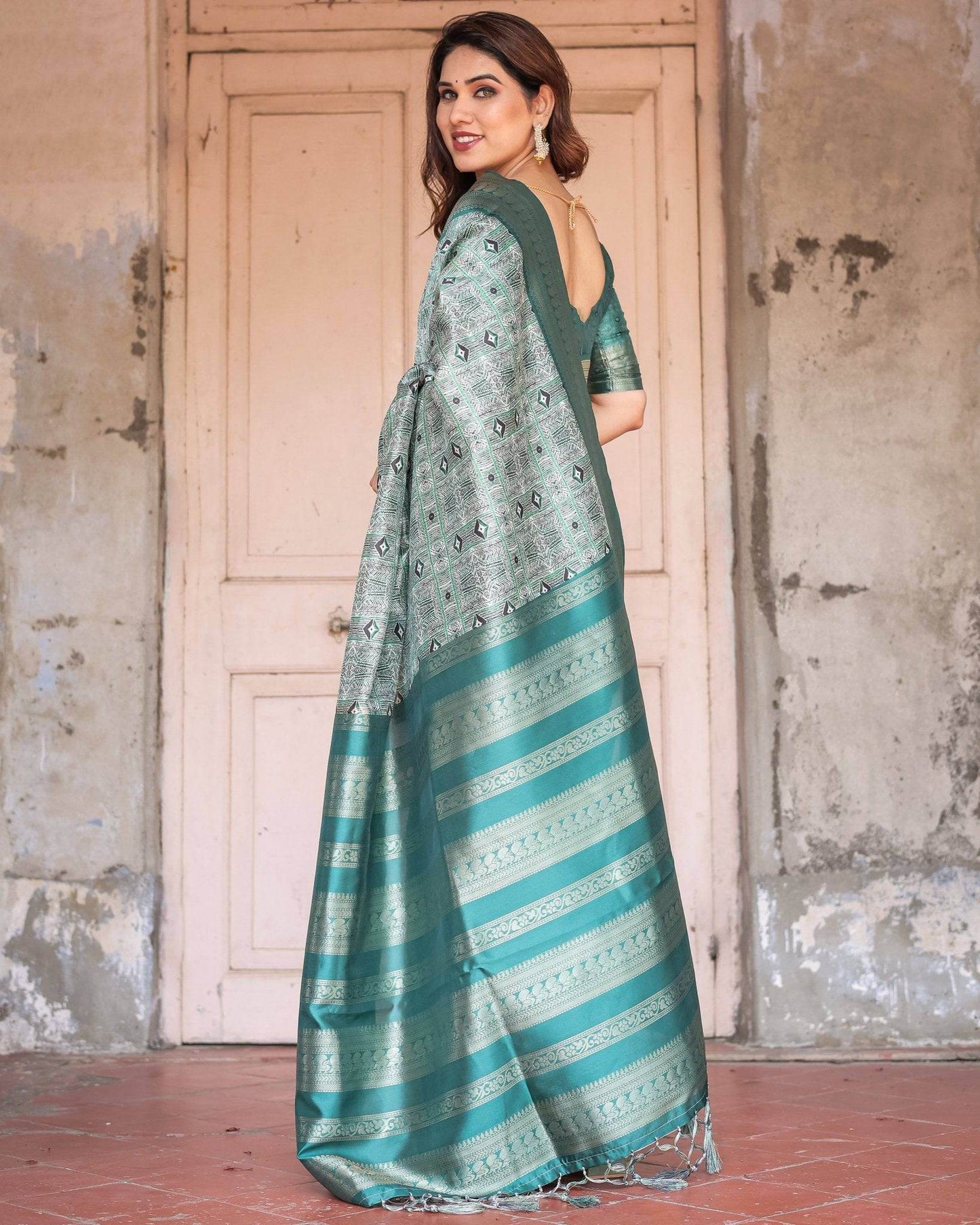 Teal Green Banarasi Silk Saree with Geometric Digital Print & Intricate Zari Border - SEEANS