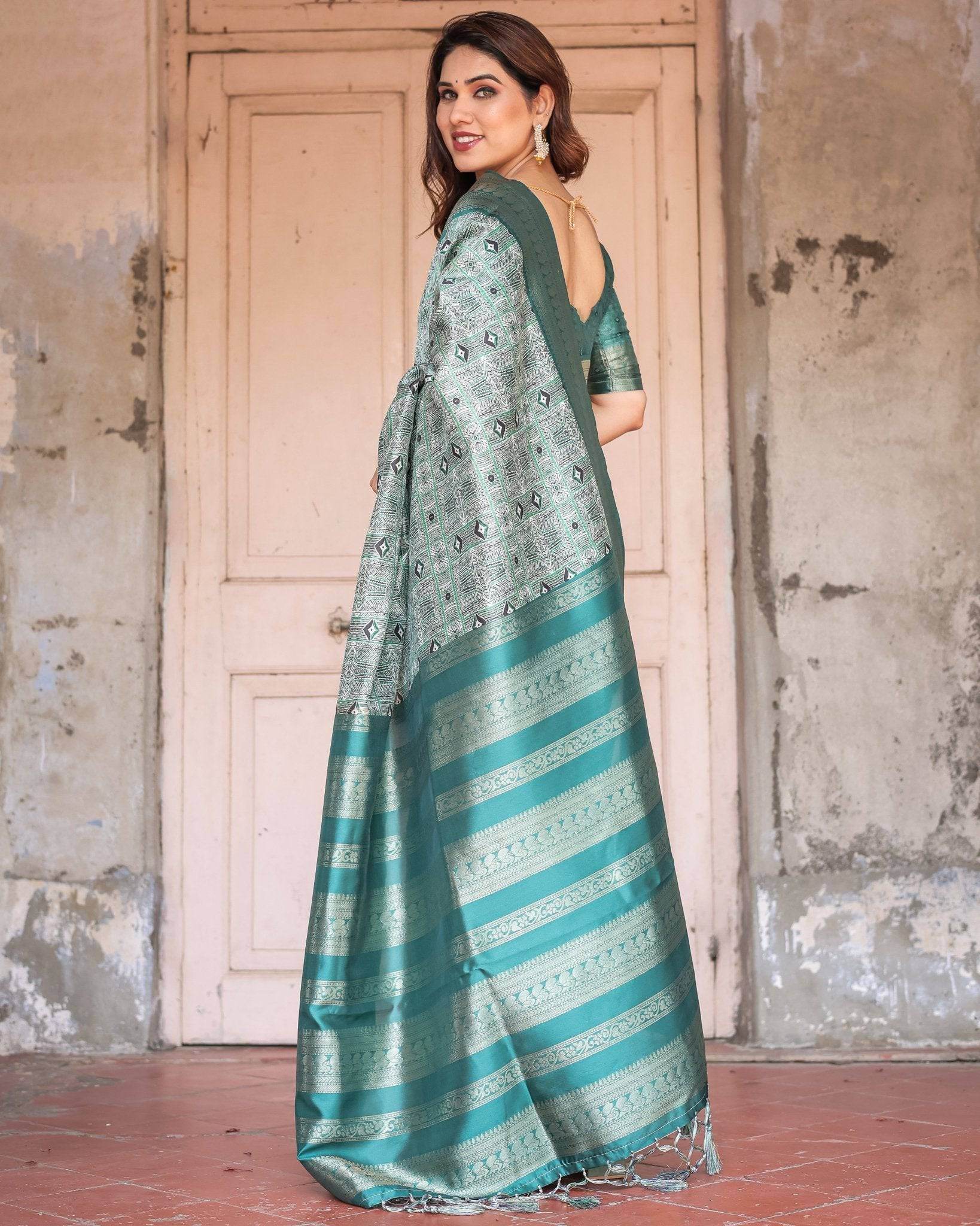 Teal Green Banarasi Silk Saree with Geometric Digital Print & Intricate Zari Border - SEEANS