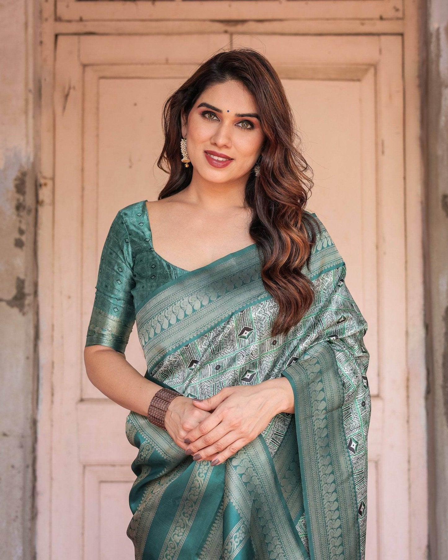 Teal Green Banarasi Silk Saree with Geometric Digital Print & Intricate Zari Border - SEEANS