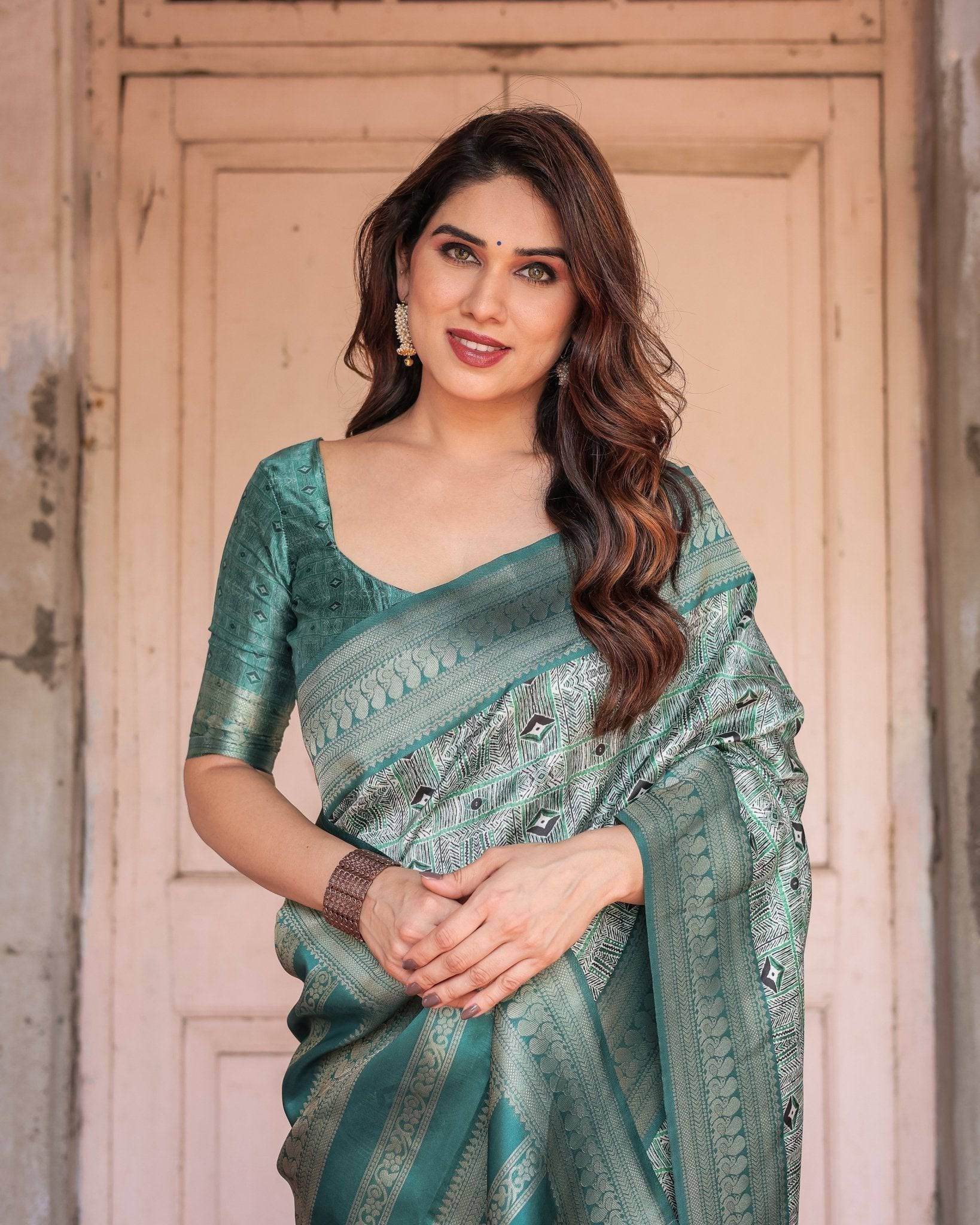Teal Green Banarasi Silk Saree with Geometric Digital Print & Intricate Zari Border - SEEANS