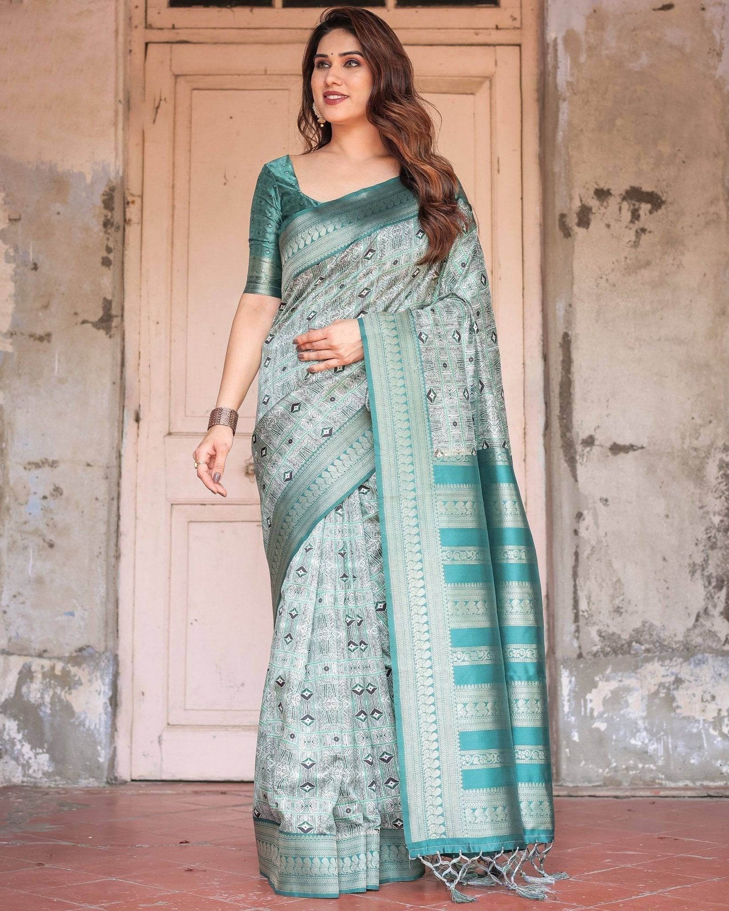 Teal Green Banarasi Silk Saree with Geometric Digital Print & Intricate Zari Border - SEEANS