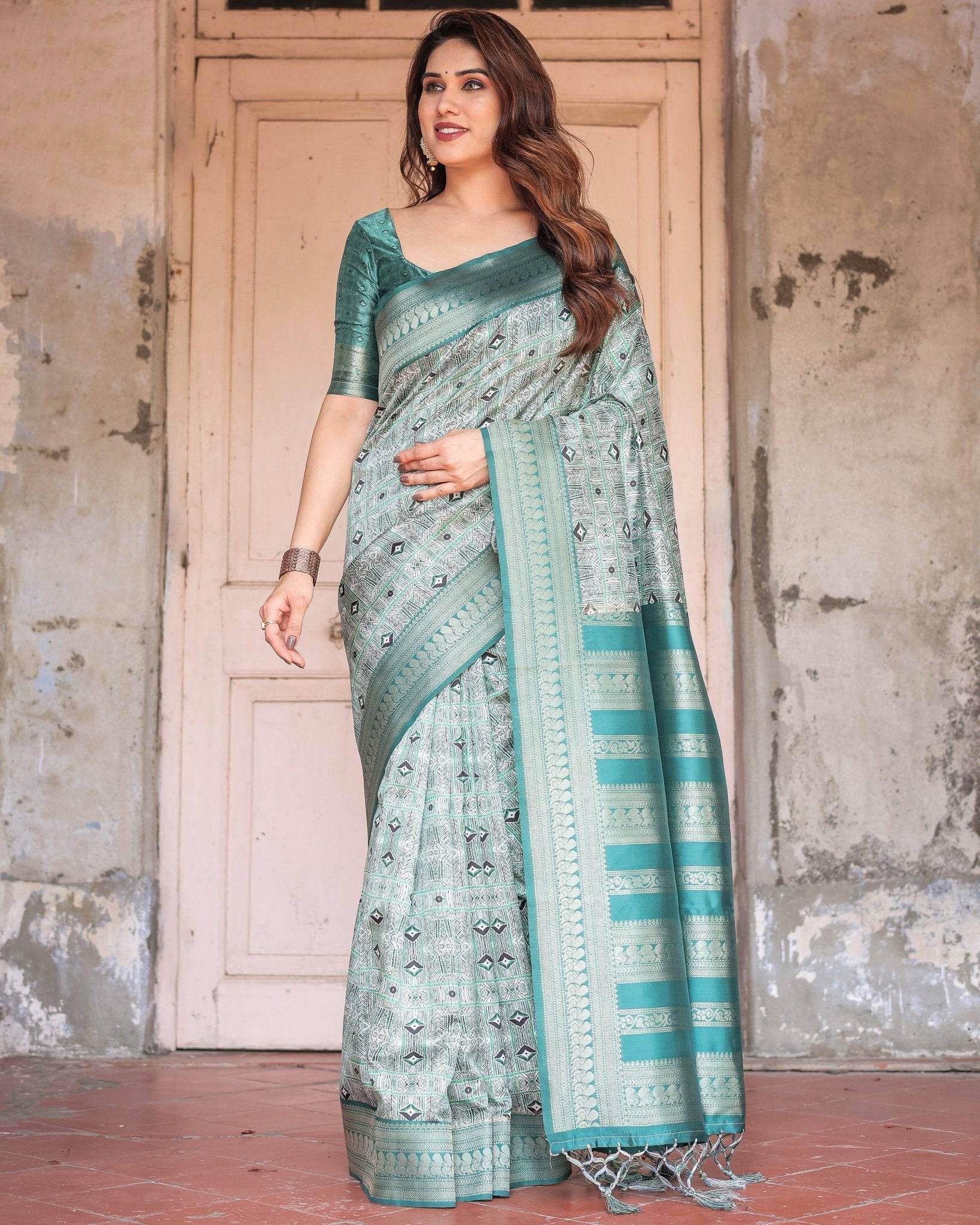 Teal Green Banarasi Silk Saree with Geometric Digital Print & Intricate Zari Border - SEEANS