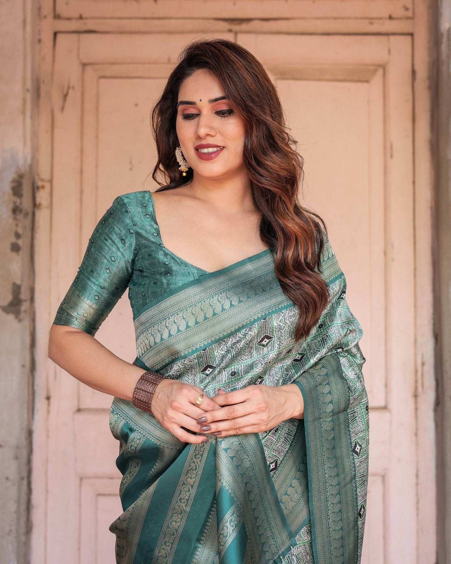 Teal Green Banarasi Silk Saree with Geometric Digital Print & Intricate Zari Border - SEEANS