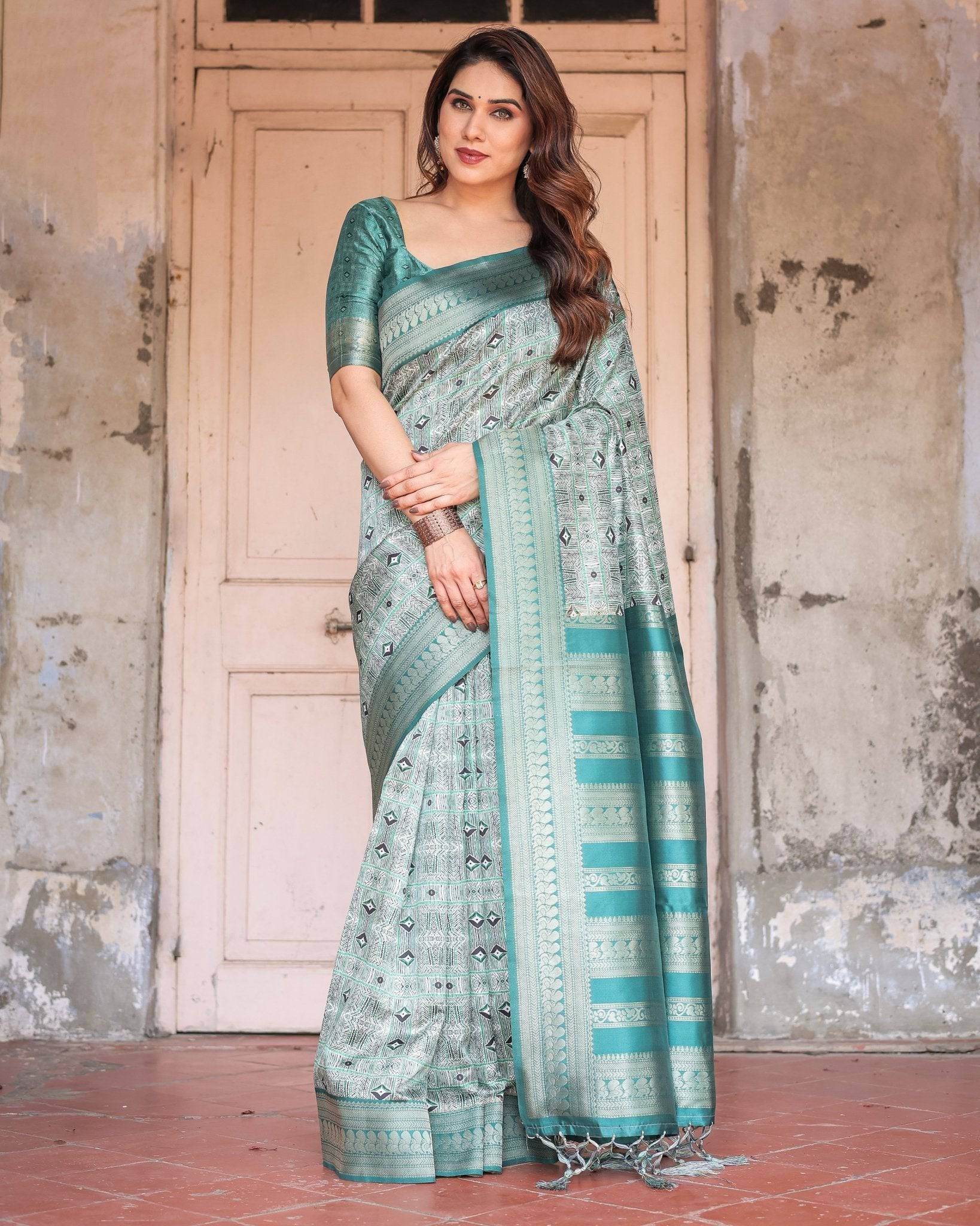 Teal Green Banarasi Silk Saree with Geometric Digital Print & Intricate Zari Border - SEEANS