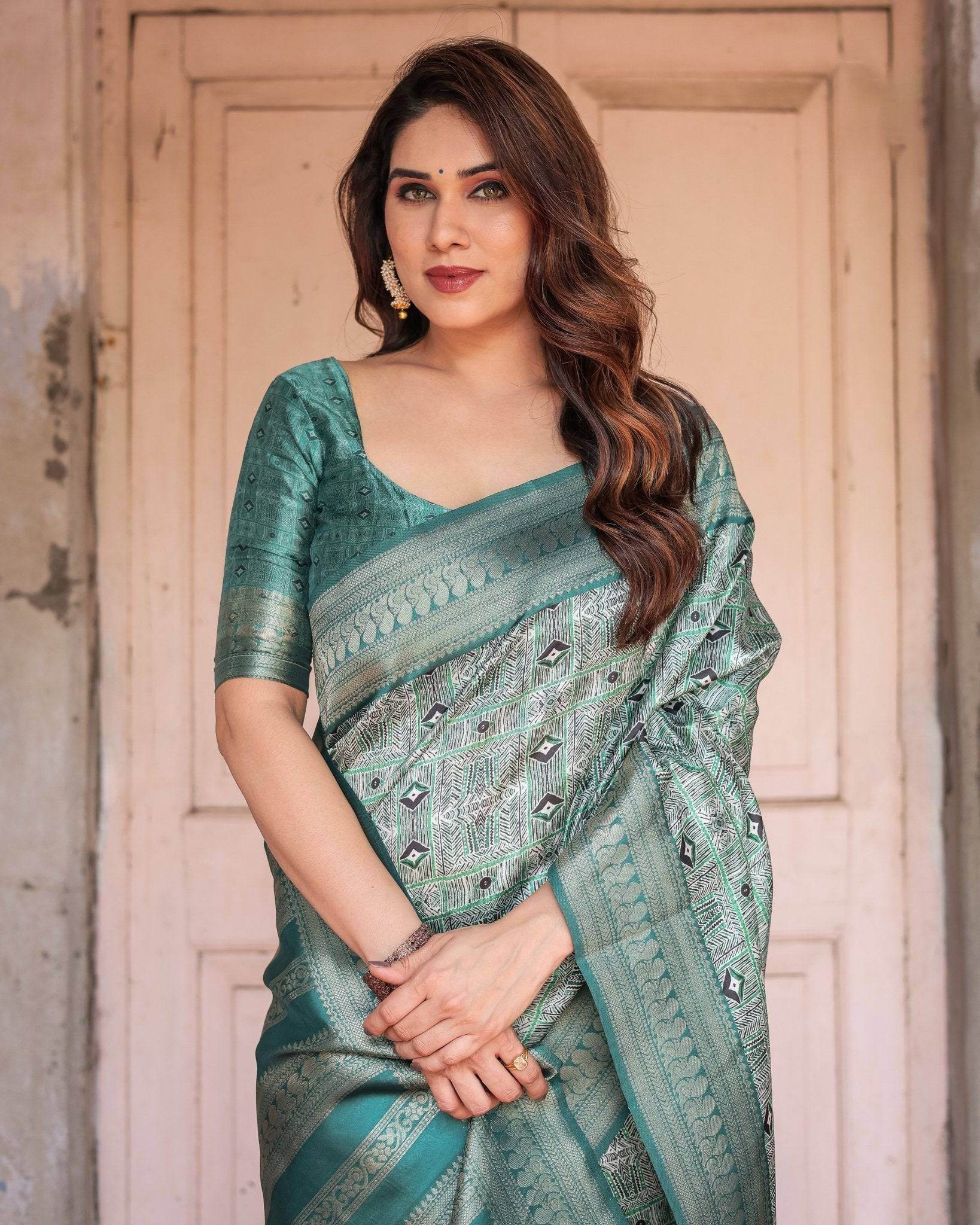 Teal Green Banarasi Silk Saree with Geometric Digital Print & Intricate Zari Border - SEEANS