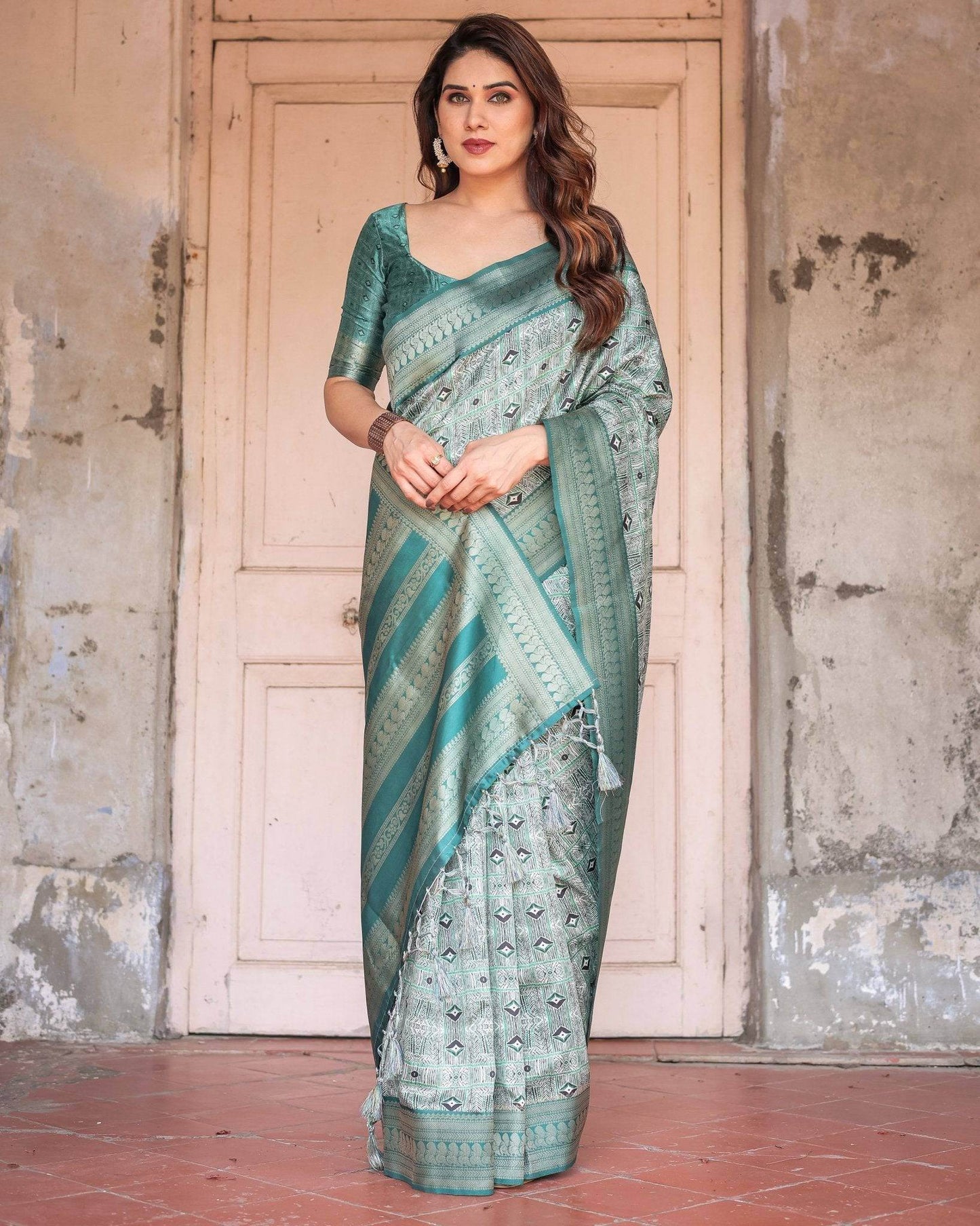 Teal Green Banarasi Silk Saree with Geometric Digital Print & Intricate Zari Border - SEEANS