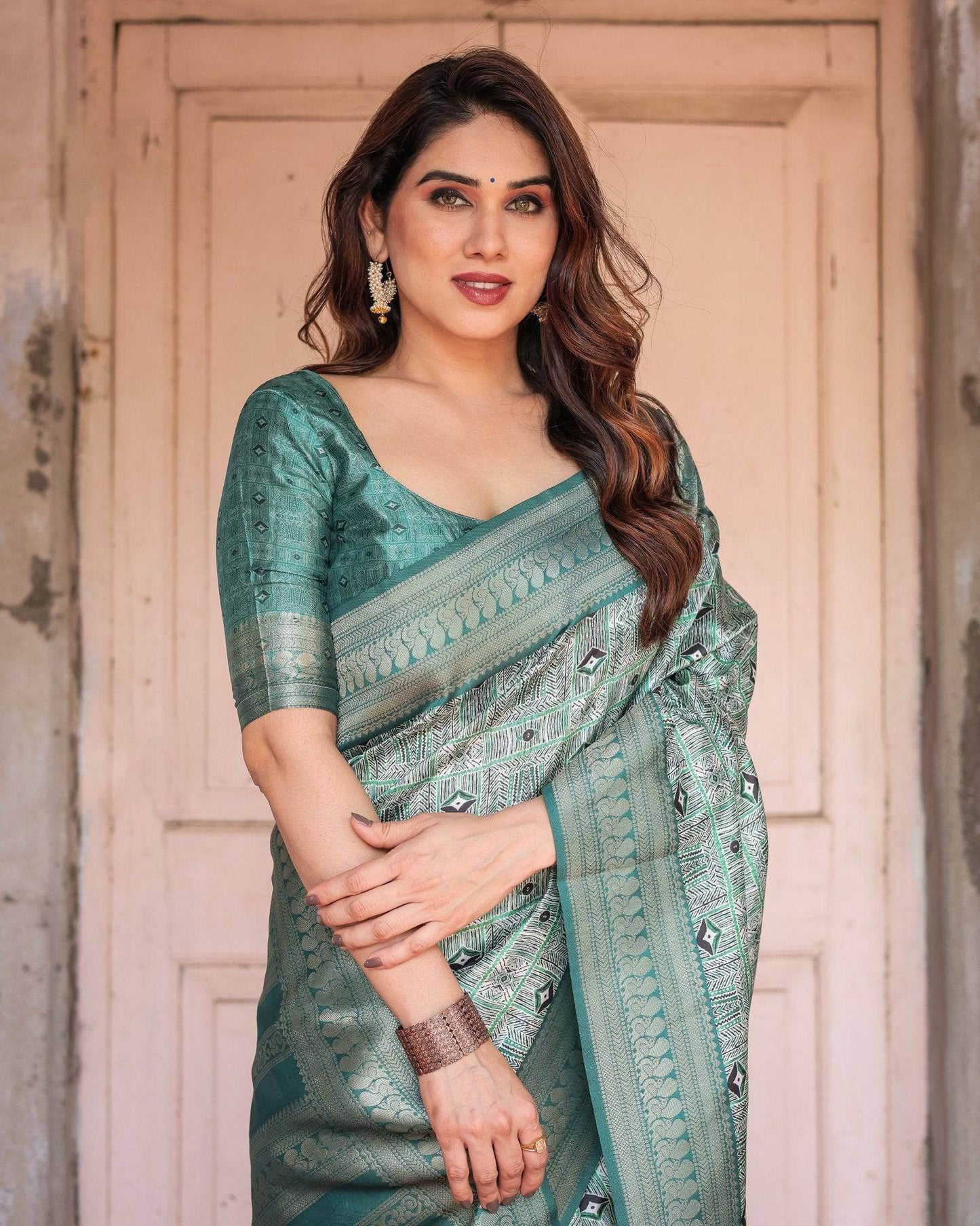 Teal Green Banarasi Silk Saree with Geometric Digital Print & Intricate Zari Border - SEEANS