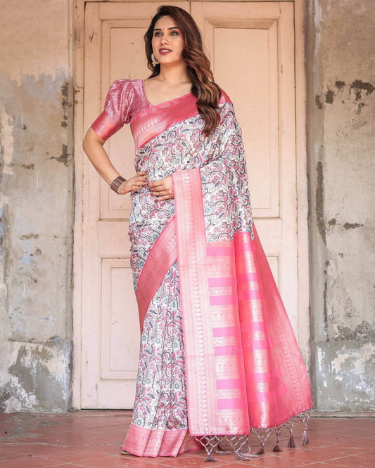 Pink Banarasi Silk Saree with Vibrant Floral Digital Print & Elegant Zari Border - SEEANS