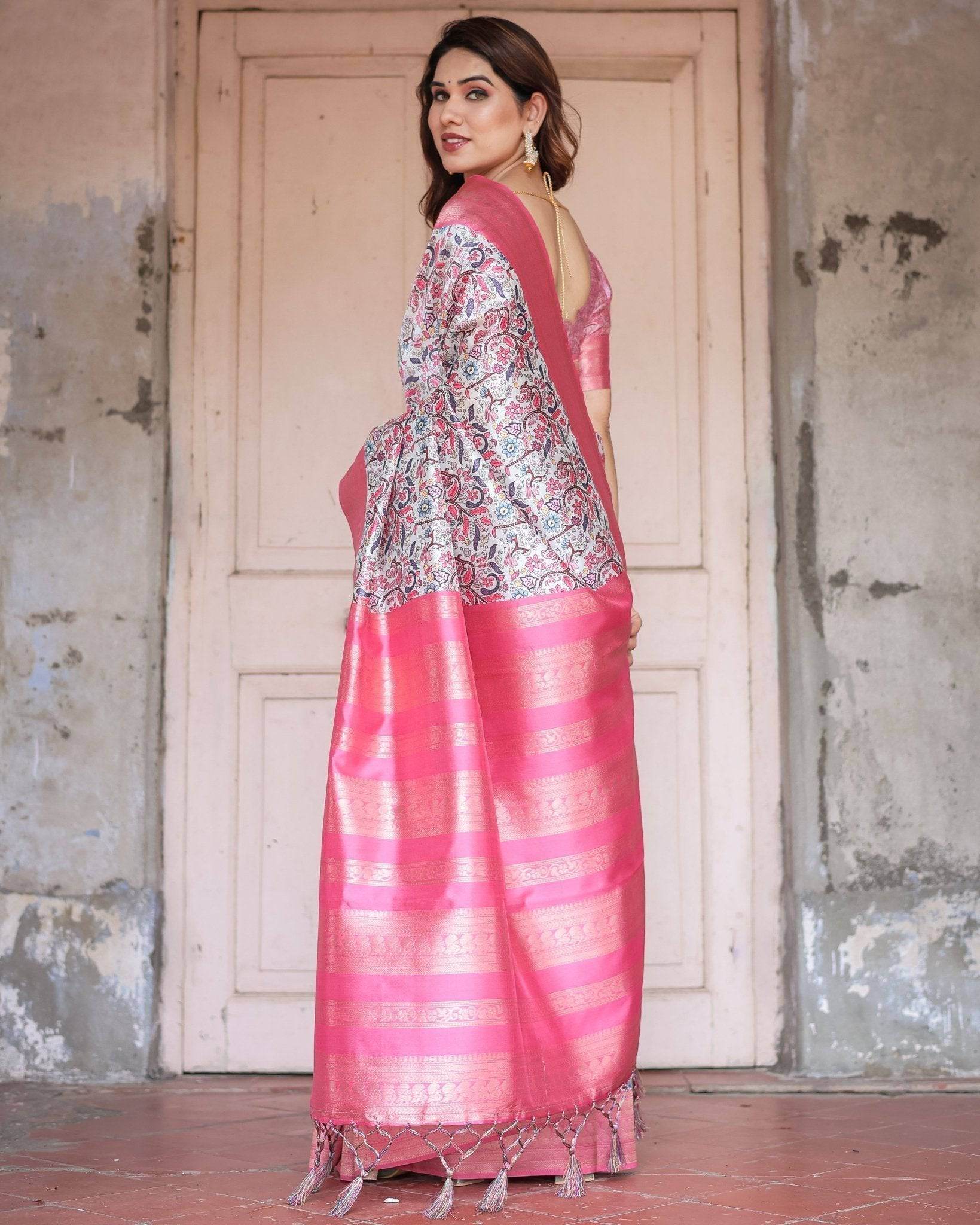 Pink Banarasi Silk Saree with Vibrant Floral Digital Print & Elegant Zari Border - SEEANS
